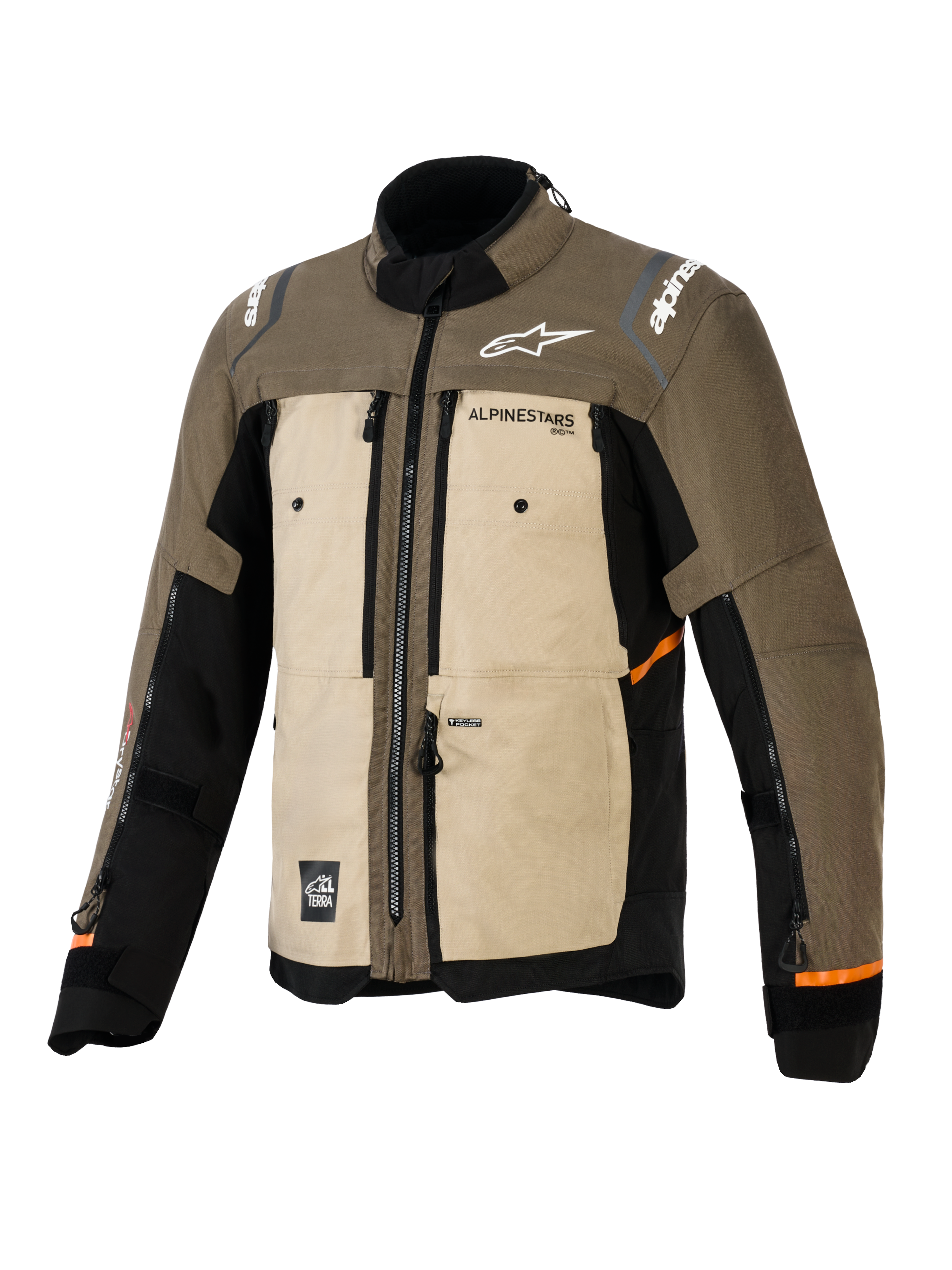 Chaqueta Alpinestars Cusco Drystar®, Walnut Aluminum Black, chaqueta de motociclismo adventure touring, vista frontal de tres cuartos, construcción textil con paneles en color canela y marrón, ventilaciones con cremallera, logotipos de Alpinestars en blanco y detalles en naranja en las mangas