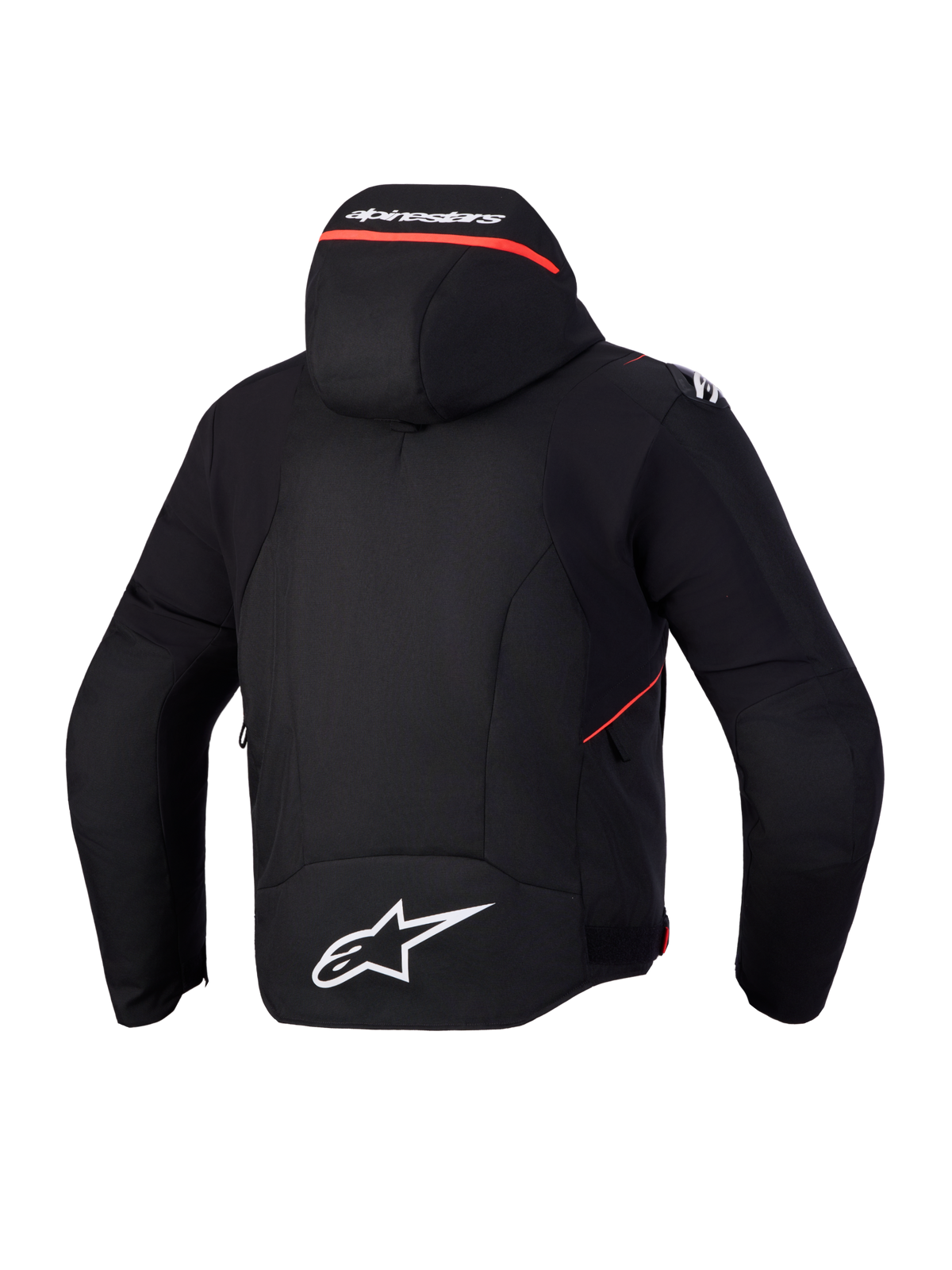 Alpinestars Zaca V 2 Waterproof Chaqueta, chaqueta de moto deportiva, vista trasera con capucha integrada y logotipos blancos, negro y rojo flúor, construcción textil