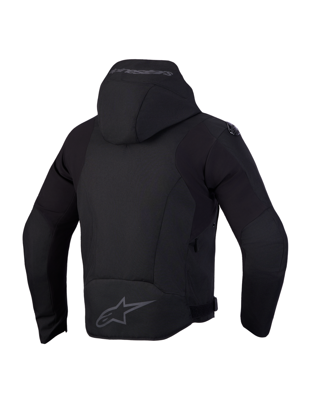 Alpinestars Zaca V 2 Waterproof Chaqueta, chaqueta de moto textil, negra, vista trasera con capucha integrada y protección en los hombros