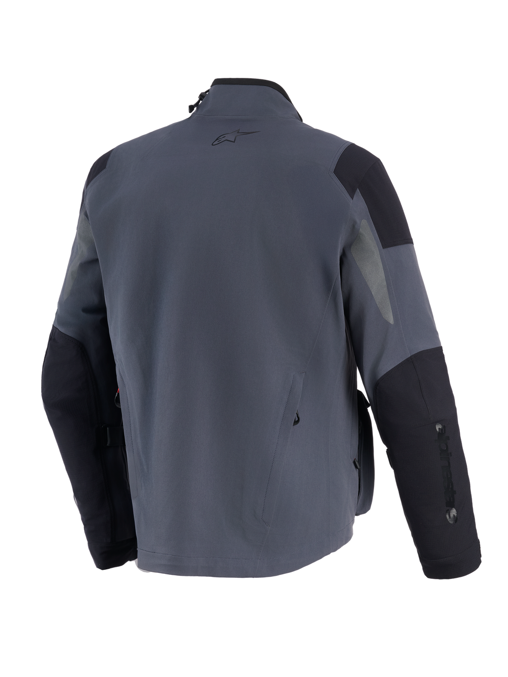 Alpinestars Maxdura Drystar®XF Laminated Armored Shell, chaqueta técnica de aventura para motocicleta, gris oscuro y negro, vista trasera con paneles reforzados en hombros y codos, pequeño logo A-star en la parte superior de la espalda y marca vertical en la manga.