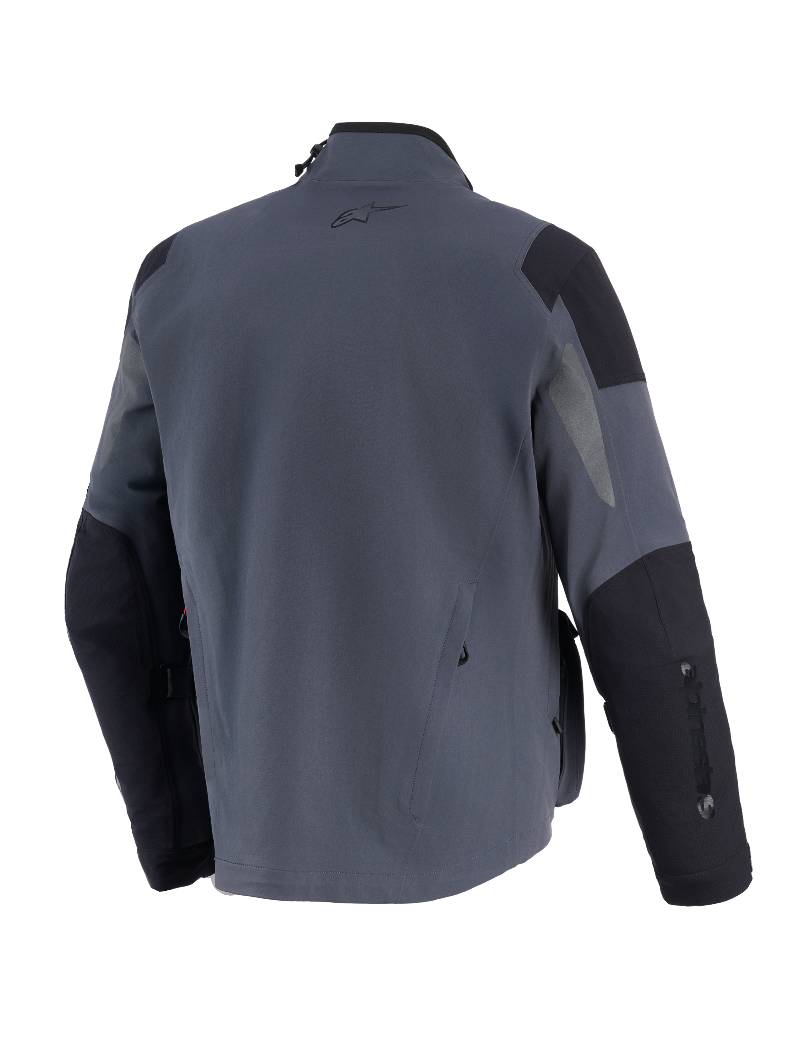 Alpinestars Maxdura Drystar®XF Laminated Armored Shell, chaqueta técnica de aventura para motocicleta, gris oscuro y negro, vista trasera con paneles reforzados en hombros y codos, pequeño logo A-star en la parte superior de la espalda y marca vertical en la manga.