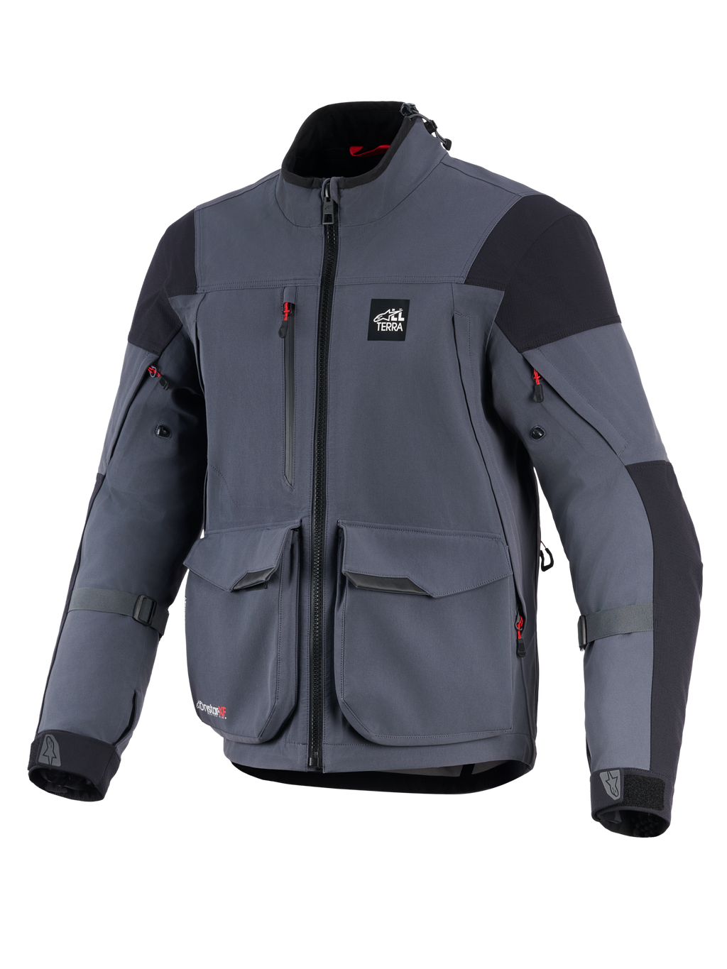 Alpinestars Maxdura Drystar®XF Laminated Armored Shell, chaqueta de motocicleta, gris oscuro y negro, vista frontal con grandes bolsillos de carga, detalles de cremallera en rojo, logotipo 'ALL TERRA' en el pecho y correas ajustables en las mangas, equipamiento técnico para adventure touring