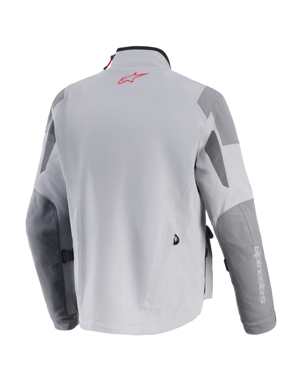 Alpinestars Maxdura Drystar®XF Laminated Armored Shell, chaqueta de motociclismo de aventura, gris medio y gris oscuro, vista trasera con el logotipo rojo de Alpinestars en el cuello, paneles reforzados en gris oscuro en codos y hombros, y construcción textil profesional.