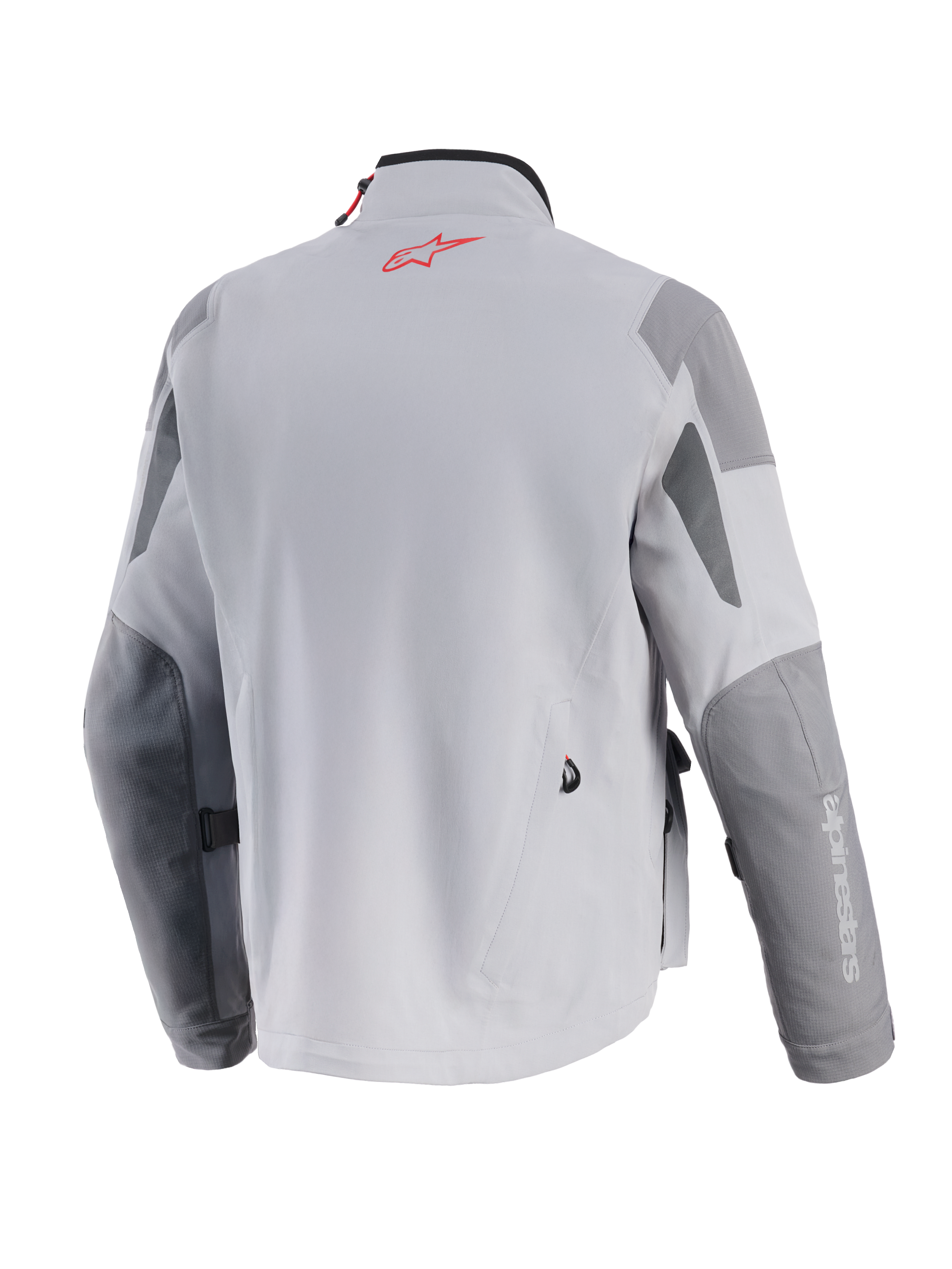 Alpinestars Maxdura Drystar®XF Laminated Armored Shell, chaqueta de motociclismo de aventura, gris medio y gris oscuro, vista trasera con el logotipo rojo de Alpinestars en el cuello, paneles reforzados en gris oscuro en codos y hombros, y construcción textil profesional.