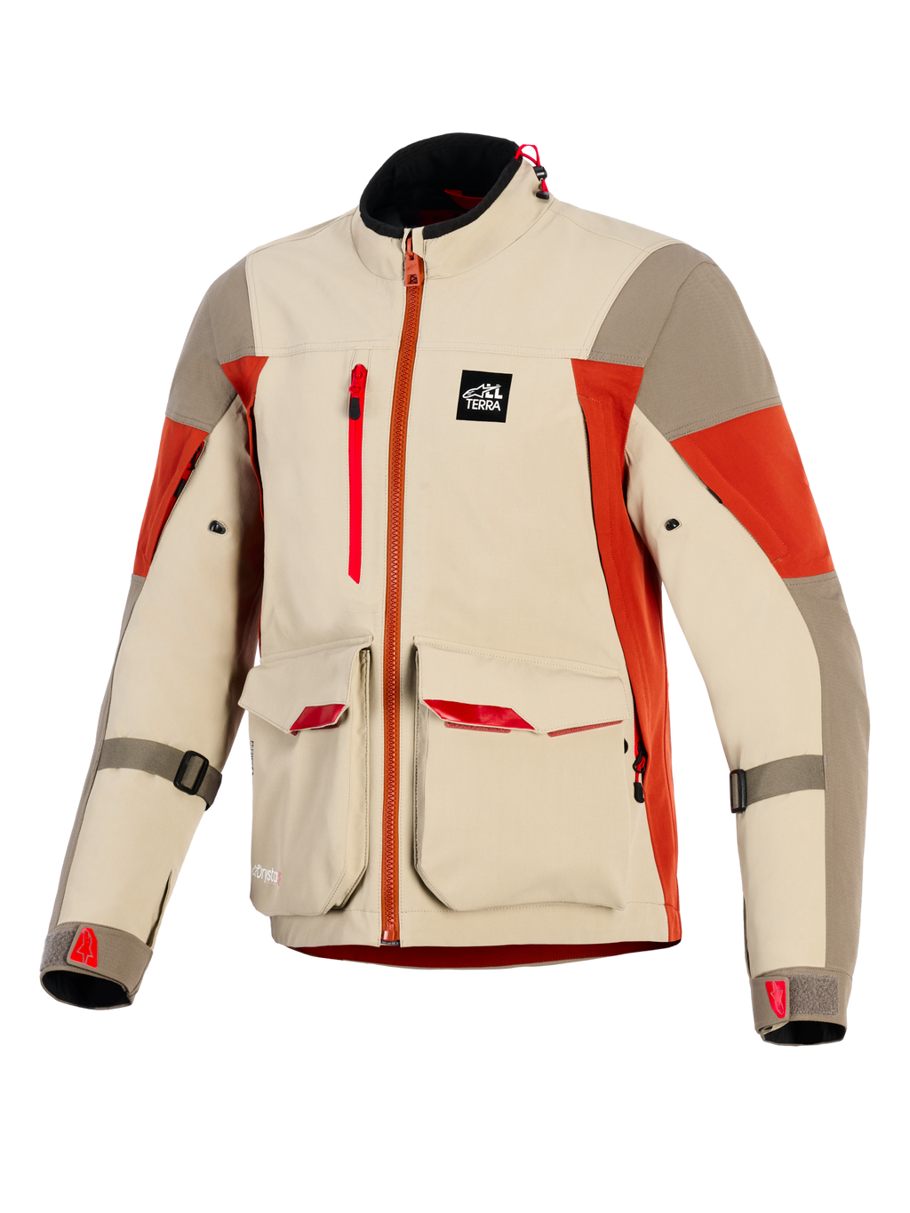 Alpinestars Maxdura Drystar®XF Laminated Armored Shell, chaqueta de moto adventure, en colores Aluminum Walnut y Rust Brown, con grandes bolsillos de carga frontales con detalles en rojo, cremallera vertical en el pecho, parche de marca All Terra y construcción técnica laminada de 3 capas.