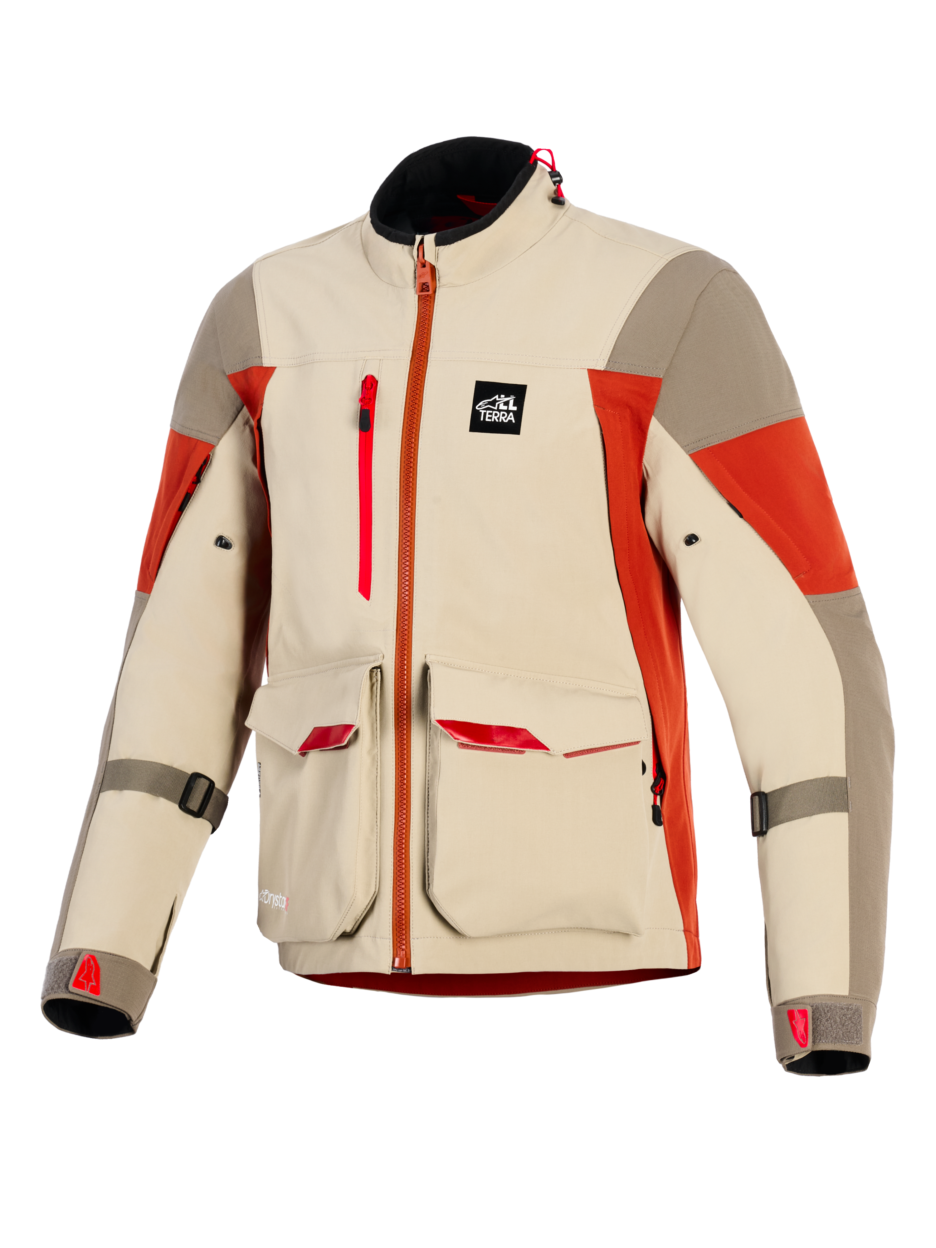 Alpinestars Maxdura Drystar®XF Laminated Armored Shell, chaqueta de moto adventure, en colores Aluminum Walnut y Rust Brown, con grandes bolsillos de carga frontales con detalles en rojo, cremallera vertical en el pecho, parche de marca All Terra y construcción técnica laminada de 3 capas.