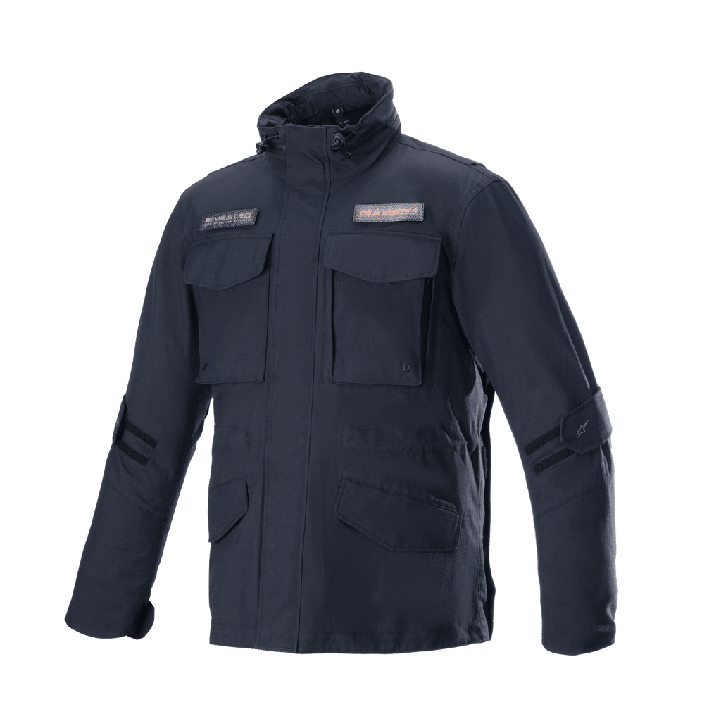 Alpinestars MO.ST.EQ Field Waterproof Primaloft Jacket, Black, Urban Motorcycle Jacket, Field Jacket Style, Four Front Flap Pockets, High Collar with Drawstrings, Durable Ripstop Construction with Logo Patches