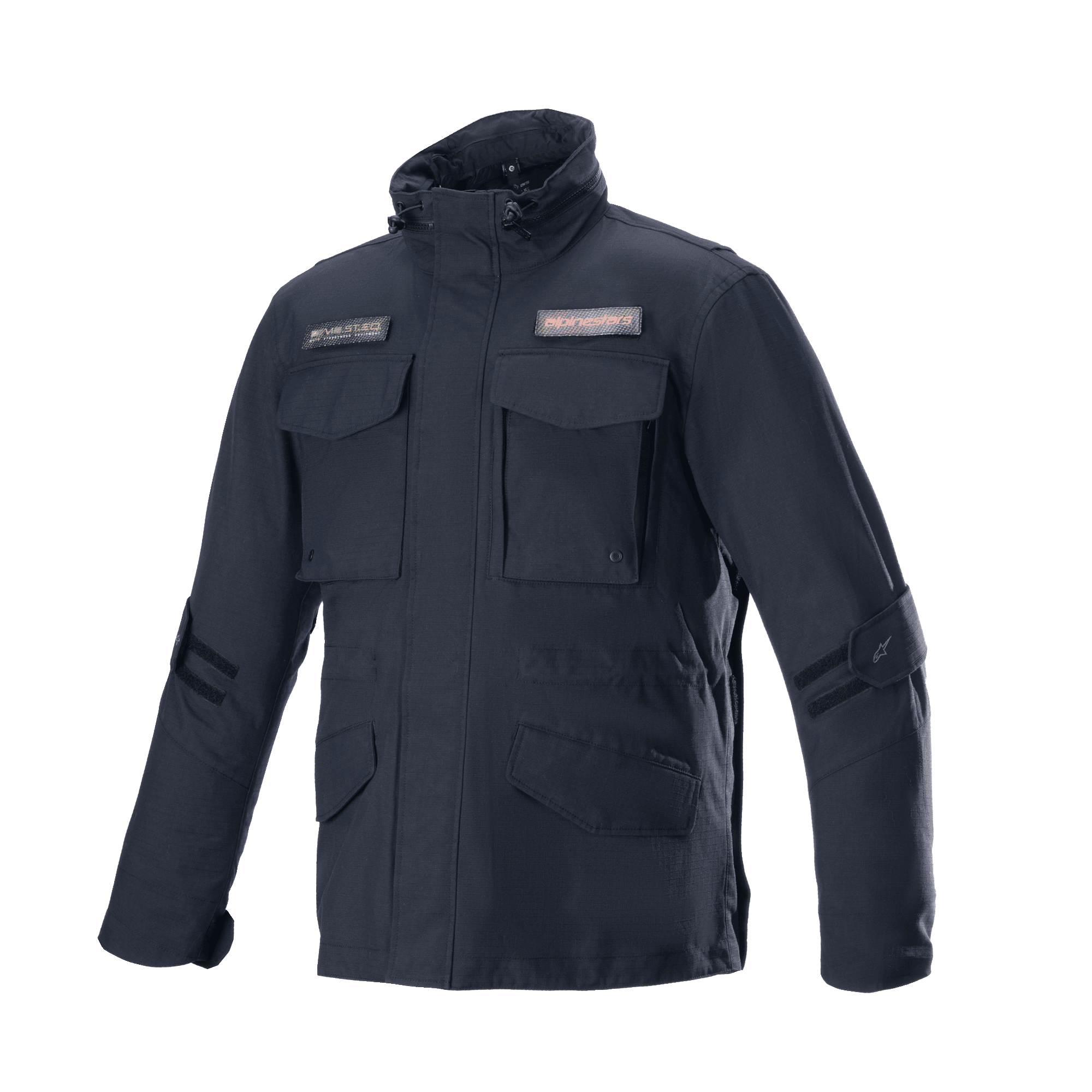 Alpinestars MO.ST.EQ Field Waterproof Primaloft Jacket, chaqueta de moto urbana para hombre, color negro, estilo field jacket, cuatro bolsillos frontales con solapa, cuello alto con cordones, construcción duradera en tejido ripstop con parches de logo