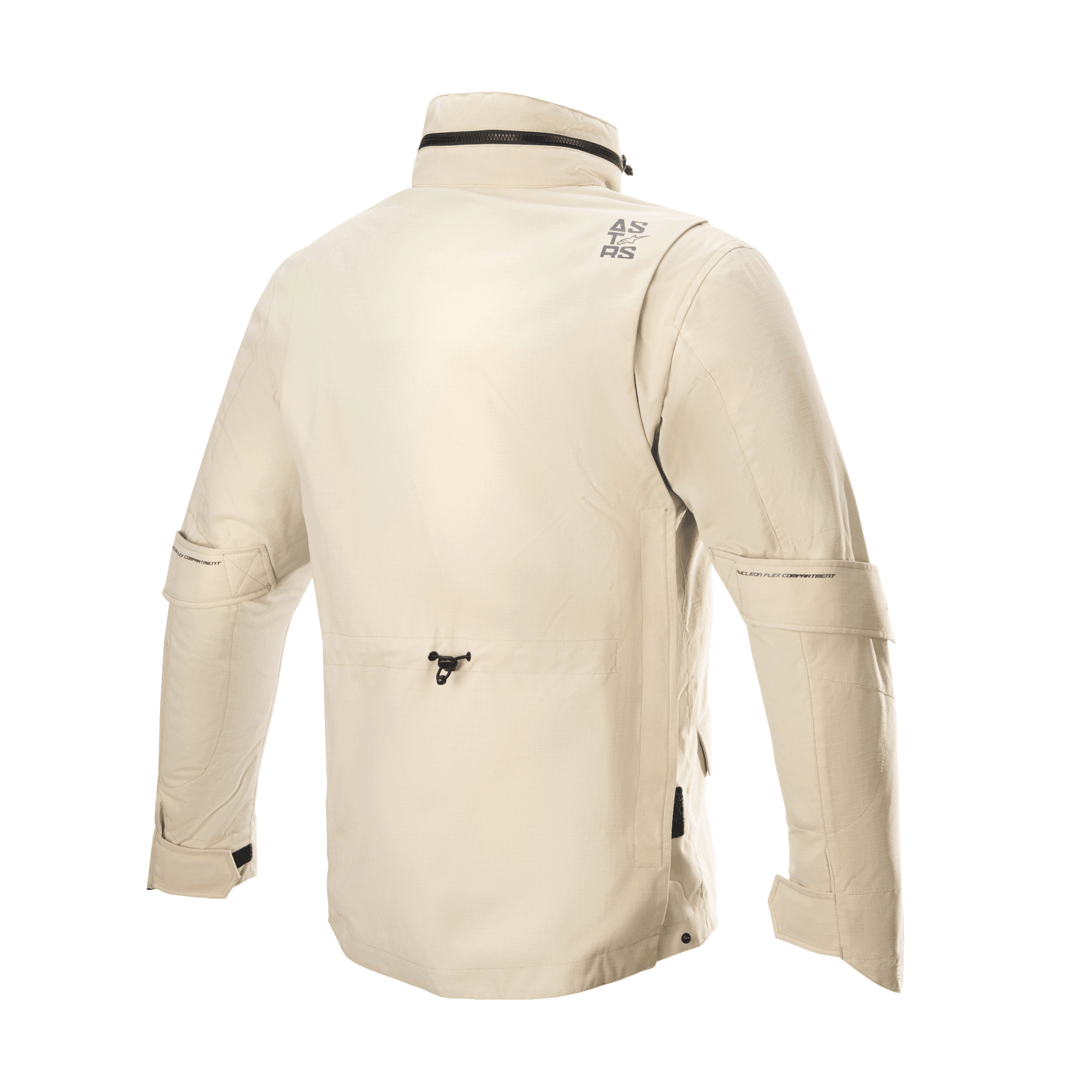 Chaqueta impermeable Alpinestars MO.ST.EQ Field Primaloft, chaqueta de moto, Sand Military, vista posterior con cuello alto y capucha plegable, ajustadores de volumen en las mangas y confección ligera en tejido ripstop con un estilo de chaqueta de campo contemporáneo
