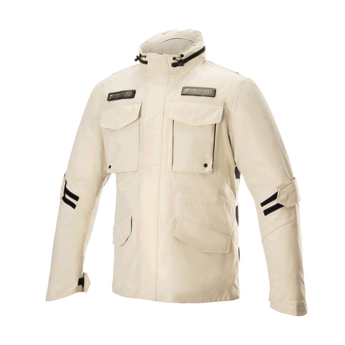 Alpinestars MO.ST.EQ Field Waterproof Primaloft Jacket, Sand Military, urban motorcycle jacket featuring four front flap pockets, high collar, and black adjustable straps on sleeves, contemporary streetwear design with waterproof ripstop construction