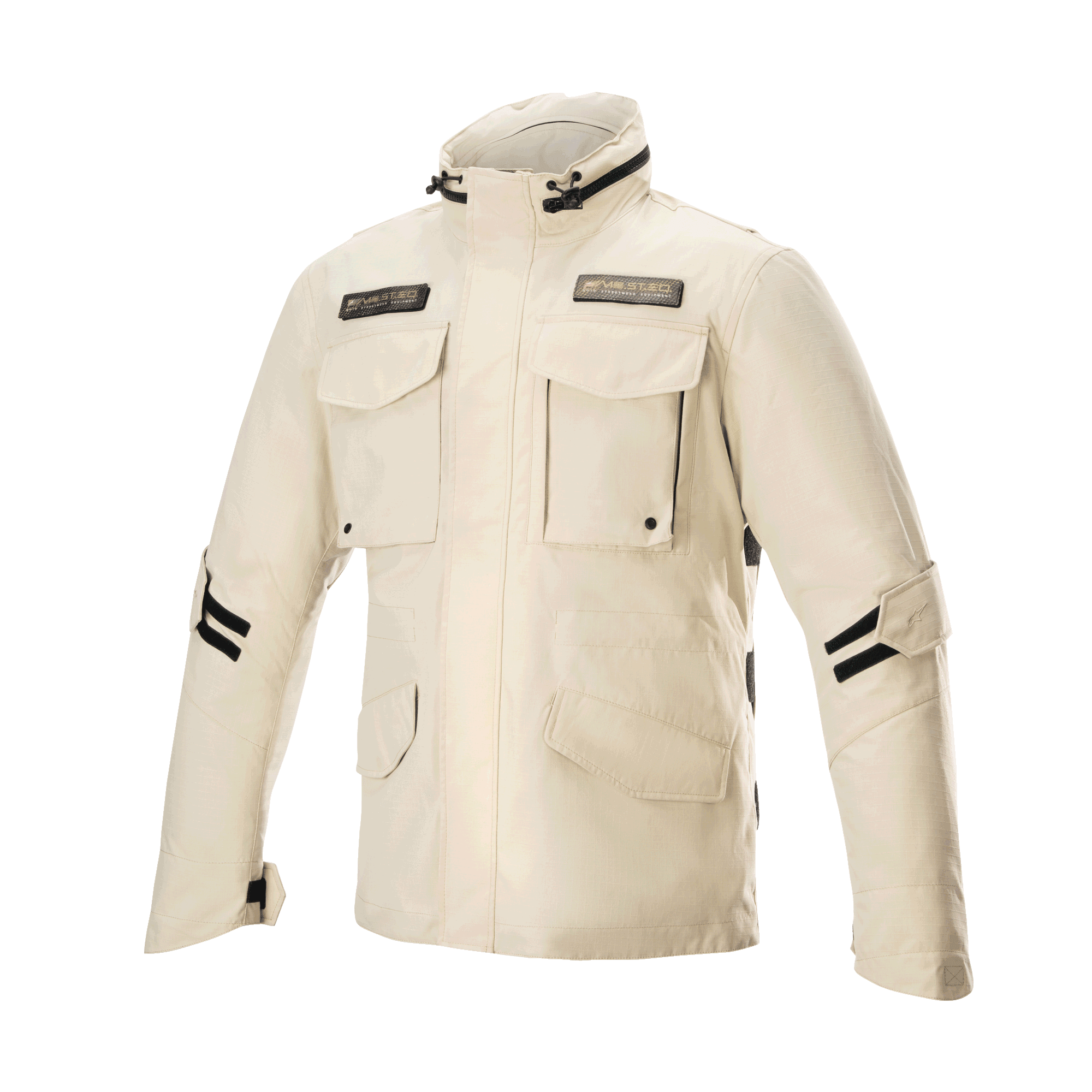 Alpinestars MO.ST.EQ Field Waterproof Primaloft Jacket, Sand Military, chaqueta urbana para motocicleta con cuatro bolsillos frontales con solapa, cuello alto y correas negras ajustables en las mangas, diseño contemporáneo de estilo streetwear con confección en tejido ripstop impermeable