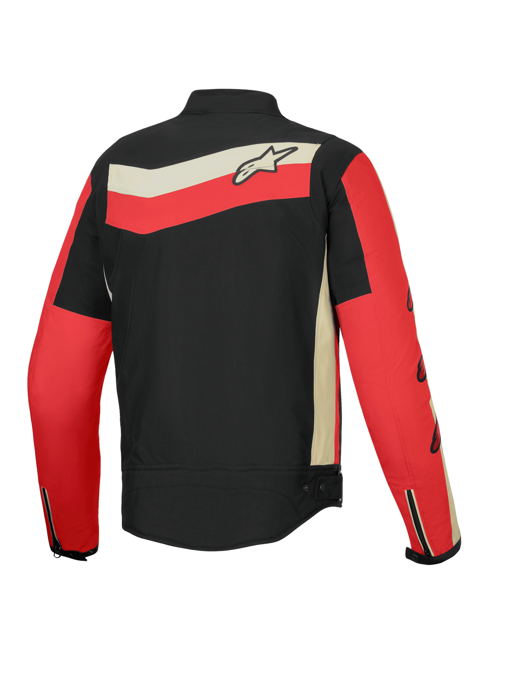 Alpinestars Chaqueta T-Dyno Resistente Al Agua, chaqueta de moto de tejido para hombre, vista trasera que muestra la combinación de colores negro, rojo brillante y crudo con gráficos heritage