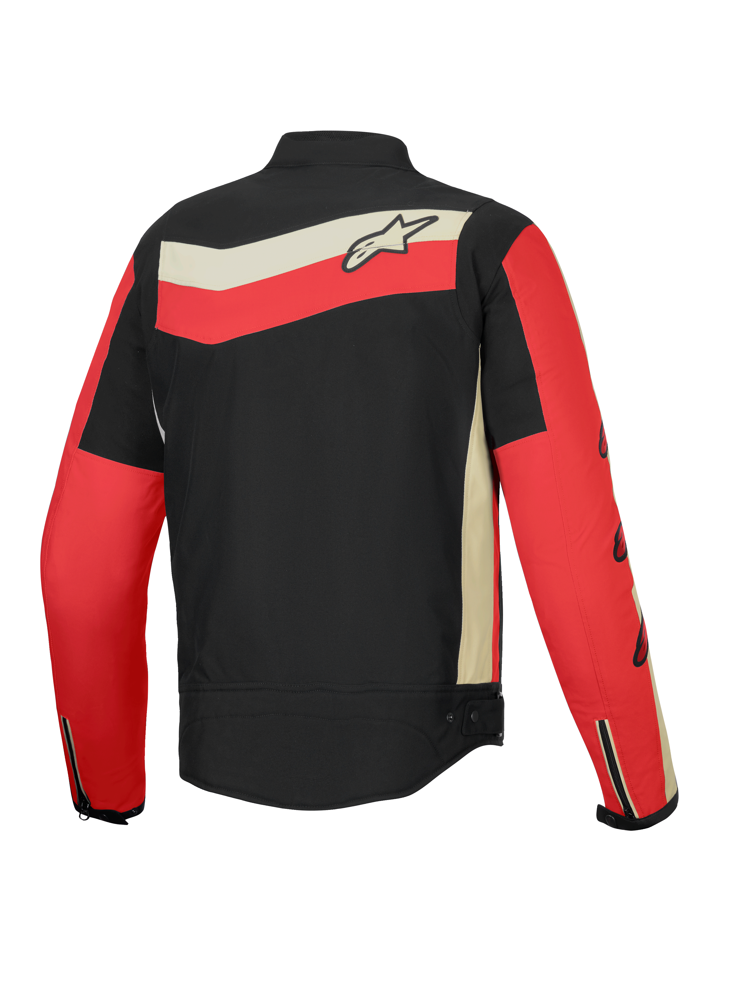 Alpinestars Chaqueta T-Dyno Resistente Al Agua, chaqueta de moto de tejido para hombre, vista trasera que muestra la combinación de colores negro, rojo brillante y crudo con gráficos heritage