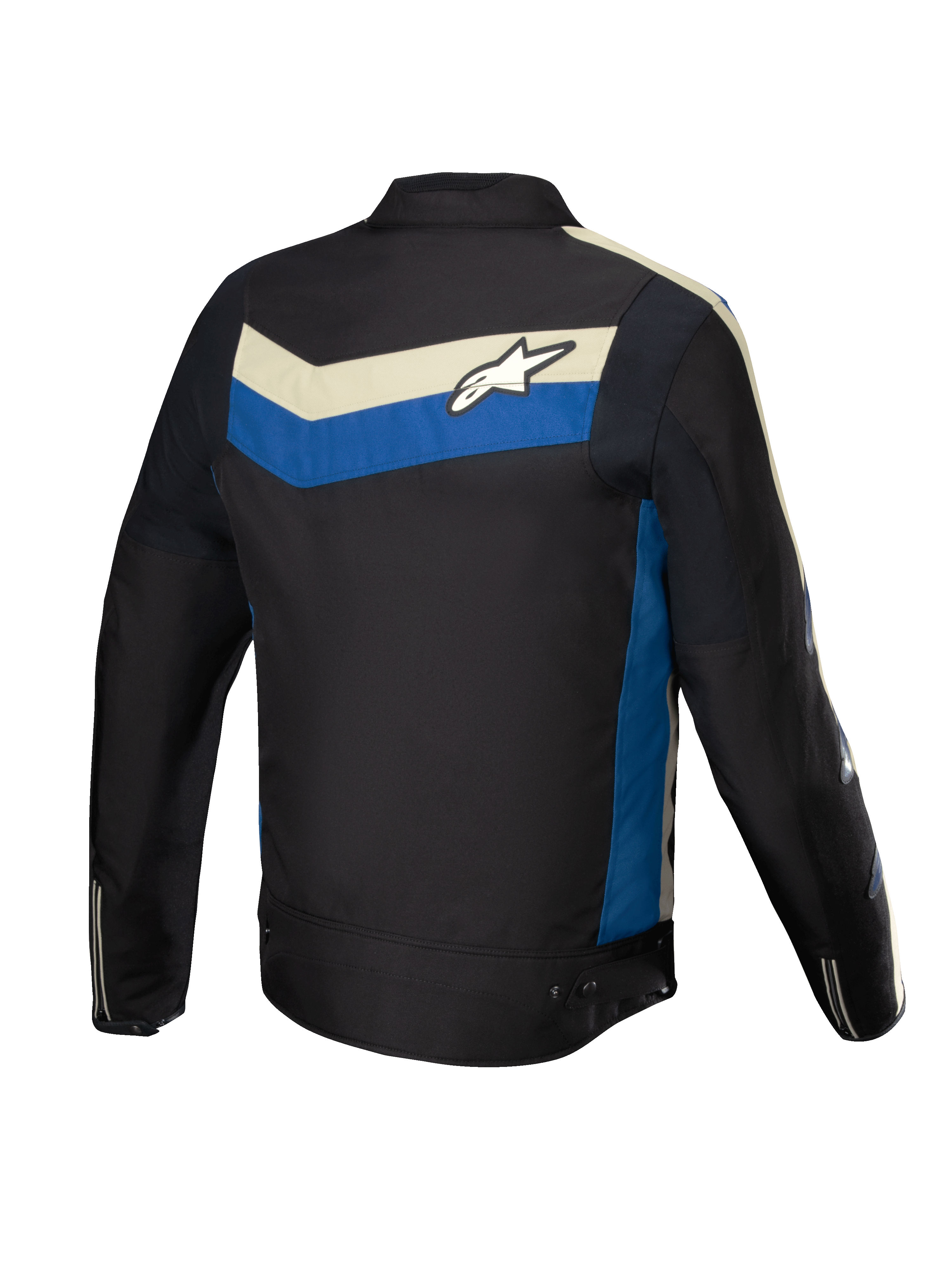 Alpinestars T-Dyno Water Resistant Jacket, men's textile motorcycle riding jacket, black with blue and ecru accents, rear view showing stretch panels and back logo graphic
