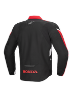 Chaqueta Alpinestars Honda T-Jaws V4 WP, vista trasera, negra con detalles en rojo brillante y blanco, con el logotipo de Honda en rojo en la parte inferior de la espalda y el logotipo de la estrella de Alpinestars en la parte superior, chaqueta textil deportiva con detalles reflectantes