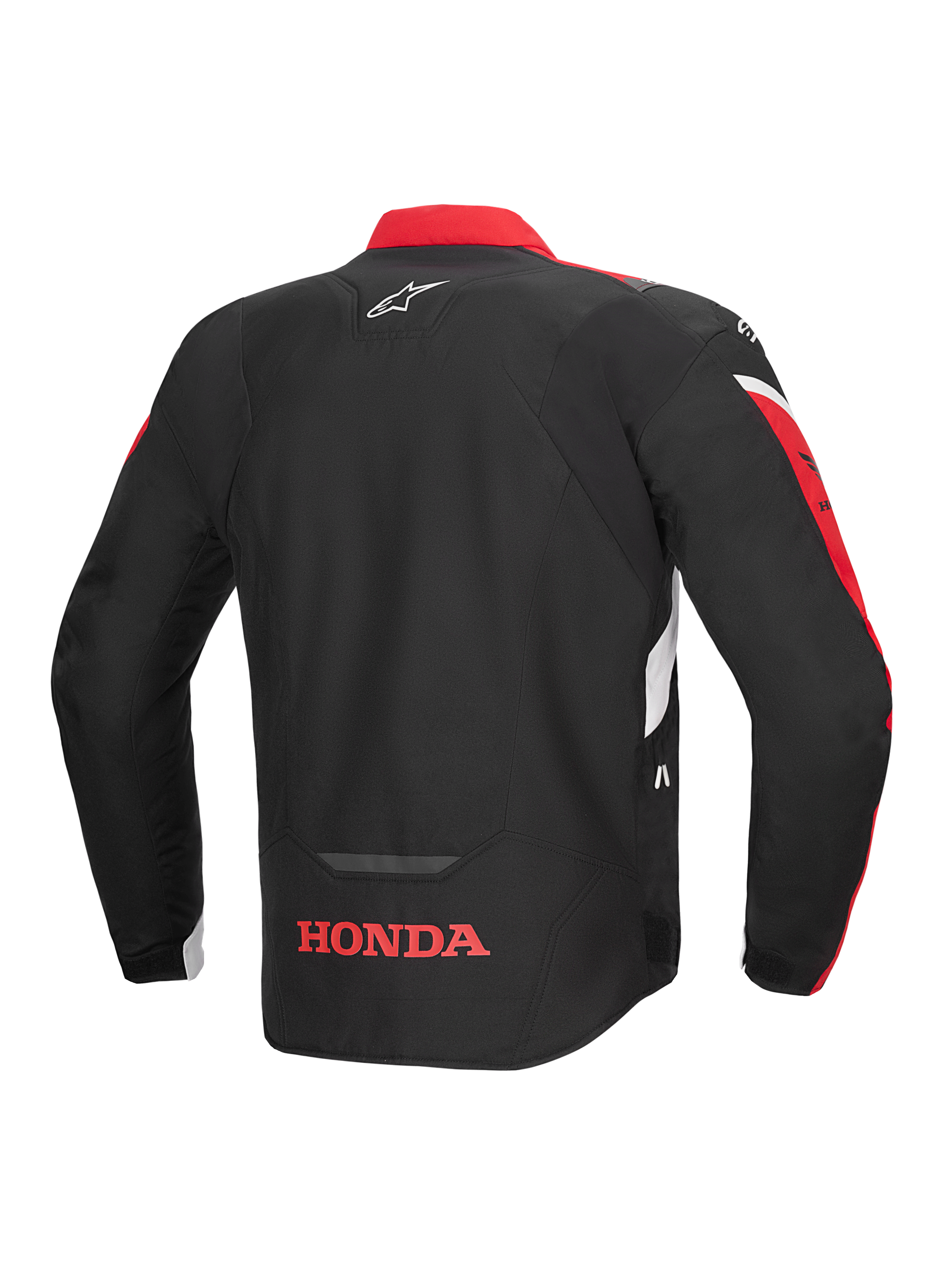 Chaqueta Alpinestars Honda T-Jaws V4 WP, vista trasera, negra con detalles en rojo brillante y blanco, con el logotipo de Honda en rojo en la parte inferior de la espalda y el logotipo de la estrella de Alpinestars en la parte superior, chaqueta textil deportiva con detalles reflectantes