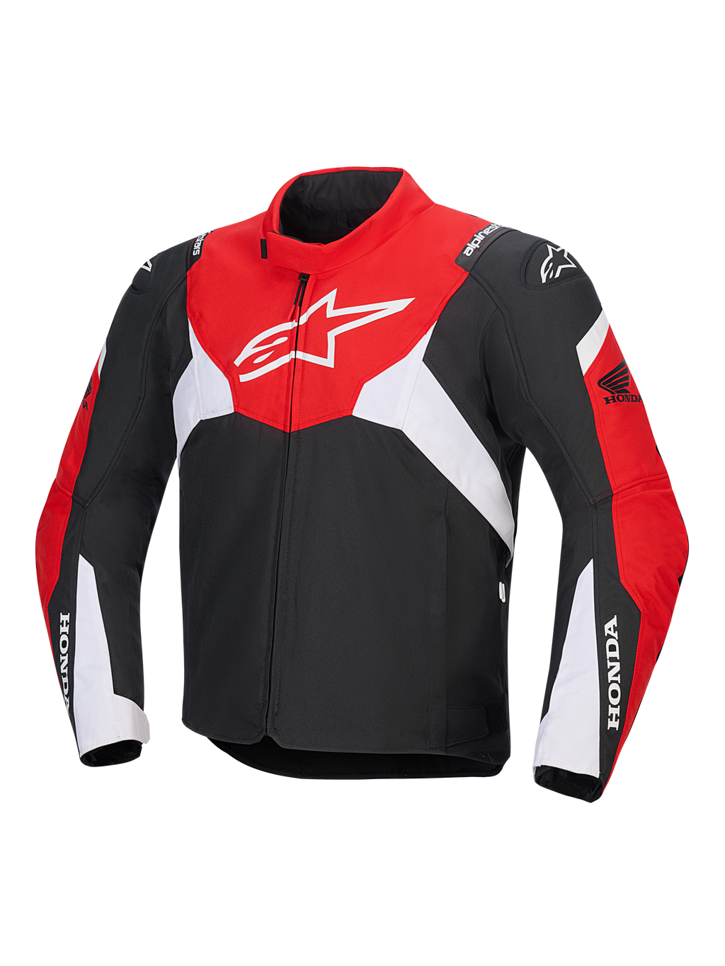 Alpinestars Honda T-Jaws V4 Wp Jacket, chaqueta técnica de moto impermeable, negra, roja brillante y blanca, con un gran logotipo de Astar blanco en el pecho y marca Honda en las mangas, diseño deportivo con cuello alto y cremallera frontal