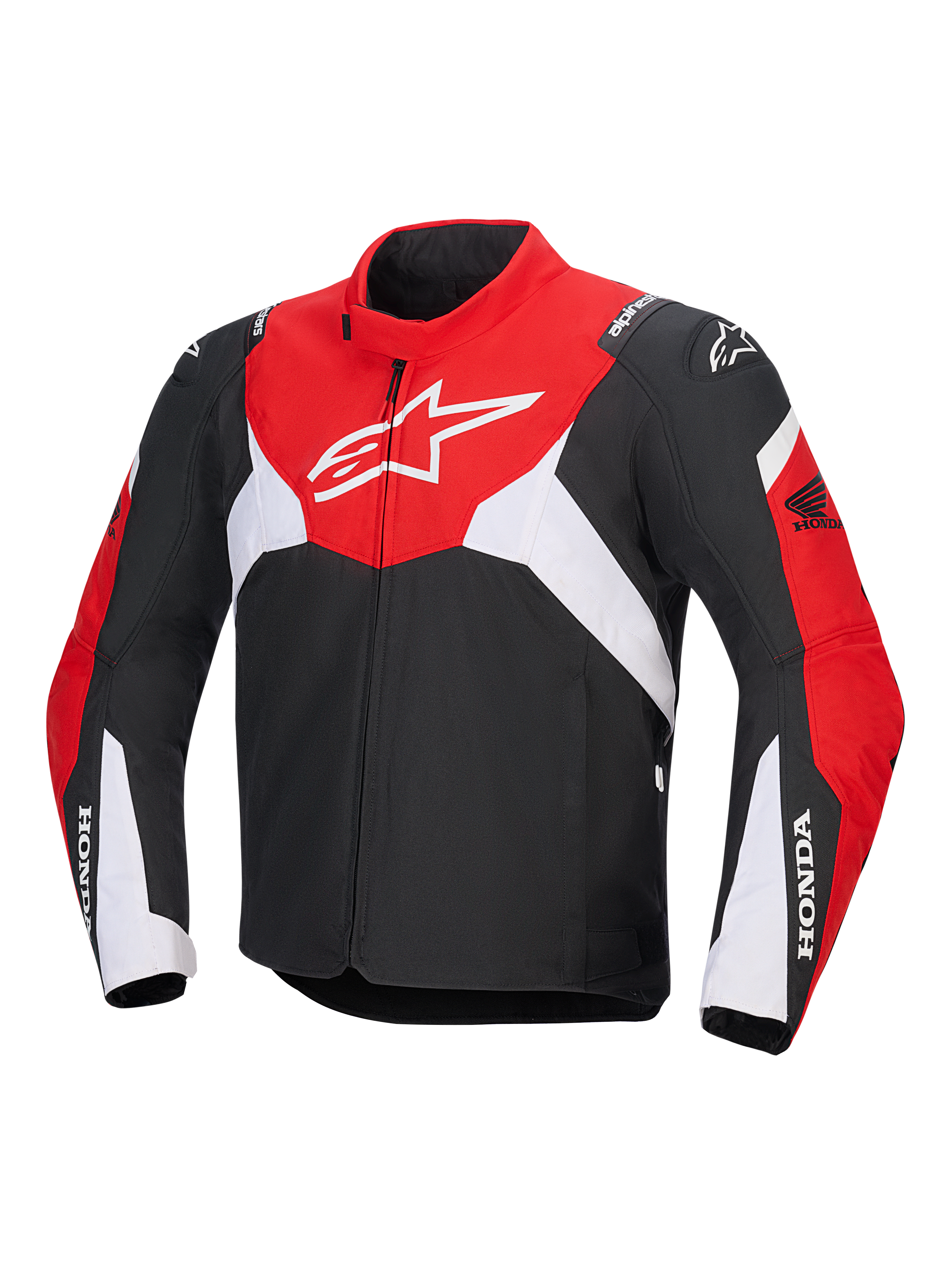 Alpinestars Honda T-Jaws V4 Wp Jacket, chaqueta técnica de moto impermeable, negra, roja brillante y blanca, con un gran logotipo de Astar blanco en el pecho y marca Honda en las mangas, diseño deportivo con cuello alto y cremallera frontal