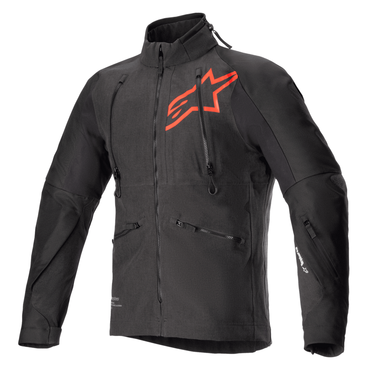 Chaqueta Alpinestars Hyde XT Drystar XF, chaqueta técnica de moto en negro y rojo brillante, gran logotipo de estrella roja en el pecho, cremalleras de ventilación verticales en el pecho, cuello alto, tejido texturizado elástico en cuatro direcciones, diseñada para aventura y conducción off-road