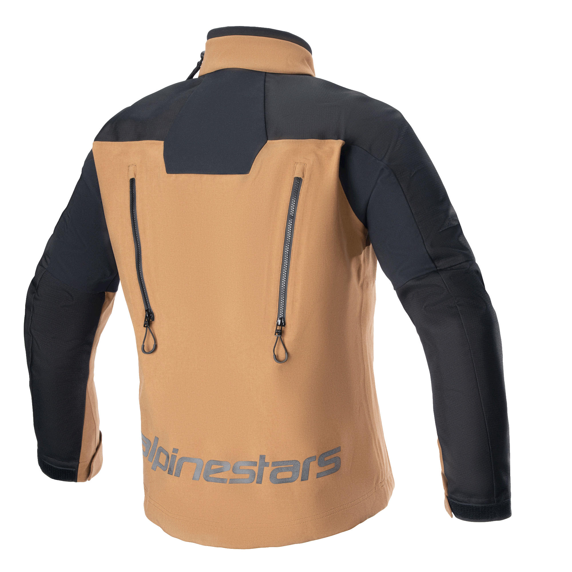 Alpinestars Hyde XT Drystar® XF Jacket, Adventure Motorcycle Jacket, Sand and Black, back view featuring two vertical ventilation zippers, black reinforced shoulders and sleeves, Alpinestars branding on the lower back, technical waterproof touring gear