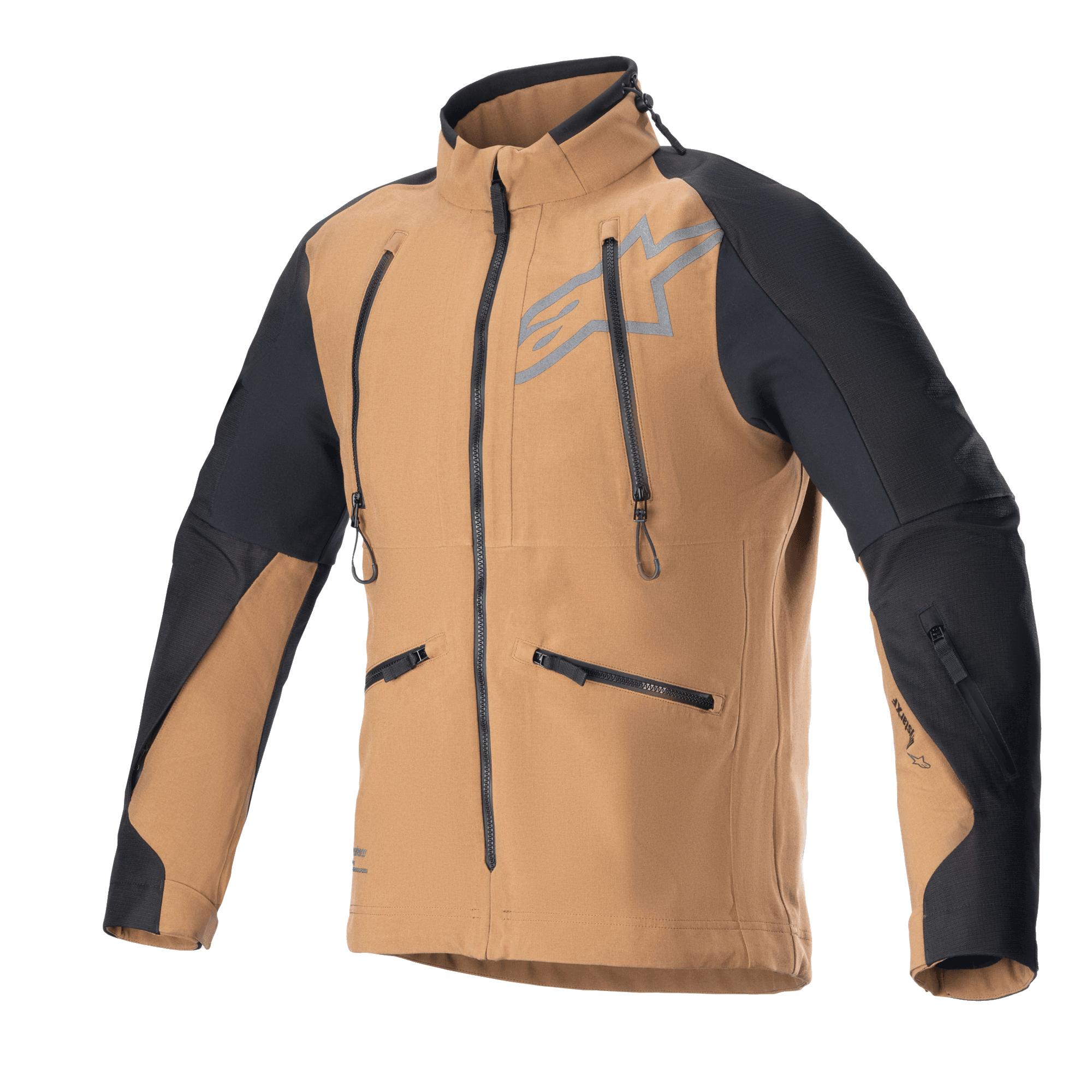 Alpinestars Hyde XT Drystar XF Jacket, chaqueta de moto para aventura y turismo, arena y negro, con cremalleras de ventilación verticales en el pecho y bolsillos laterales, paneles de ripstop negros en hombros y brazos, cuello alto, construcción textil impermeable para conducción off-road