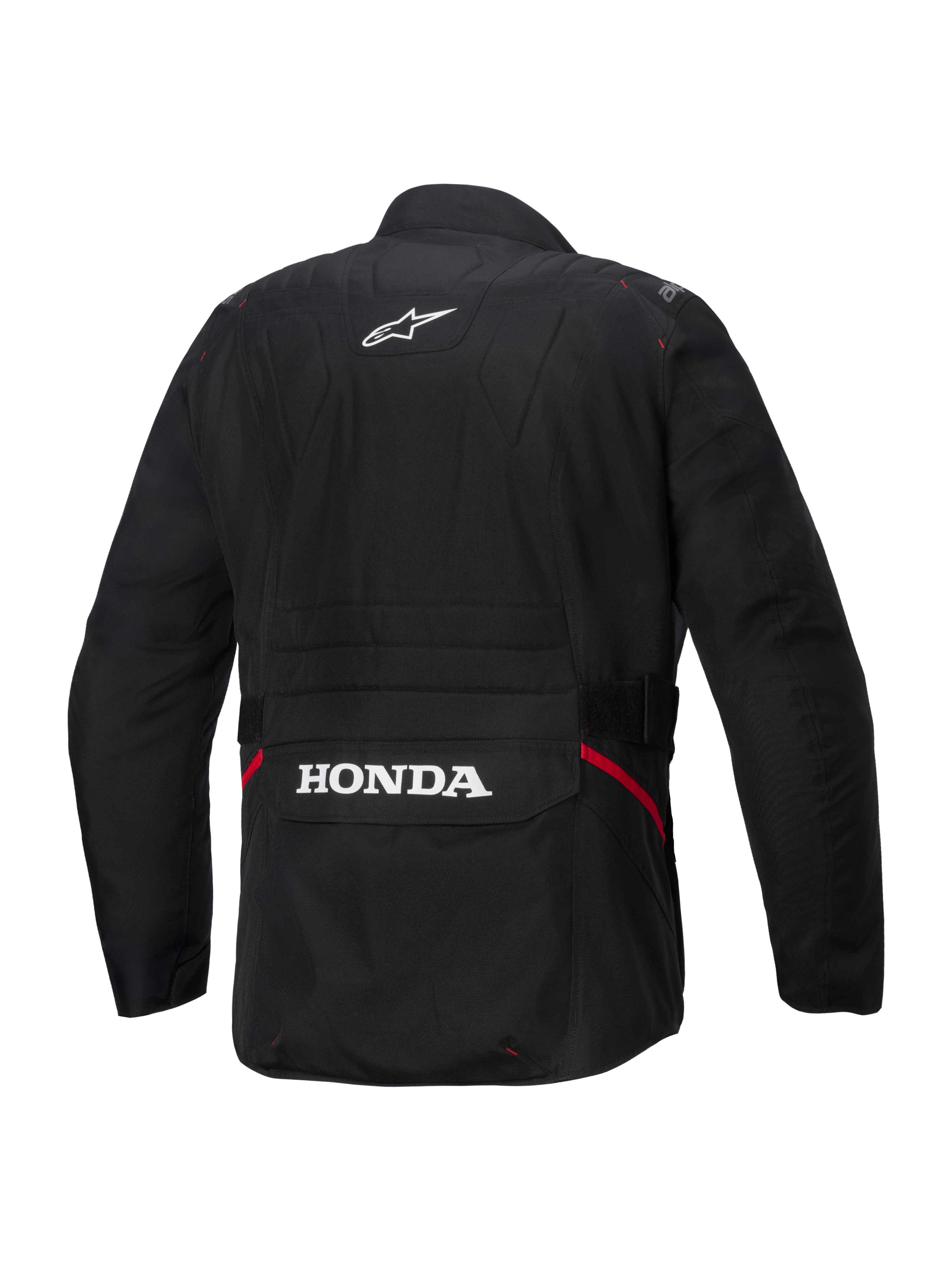 Chaqueta Alpinestars Honda ST-1 Waterproof, vista posterior, textil negro, con el logotipo de la estrella de Alpinestars en blanco en la parte superior de la espalda y la marca Honda en el bolsillo de carga trasero, detalles rojos en los laterales, chaqueta de turismo para moto resistente
