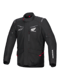 Alpinestars Honda ST-1 Waterproof Jacket, chaqueta de moto touring, negra con detalles rojos, logotipos de Honda y Alpinestars, cuello alto, hombros y codos acolchados, cierre de cremallera, bolsillos frontales