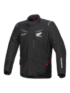 Alpinestars Honda ST-1 Waterproof Jacket, chaqueta de moto touring, negra con detalles rojos, logotipos de Honda y Alpinestars, cuello alto, hombros y codos acolchados, cierre de cremallera, bolsillos frontales