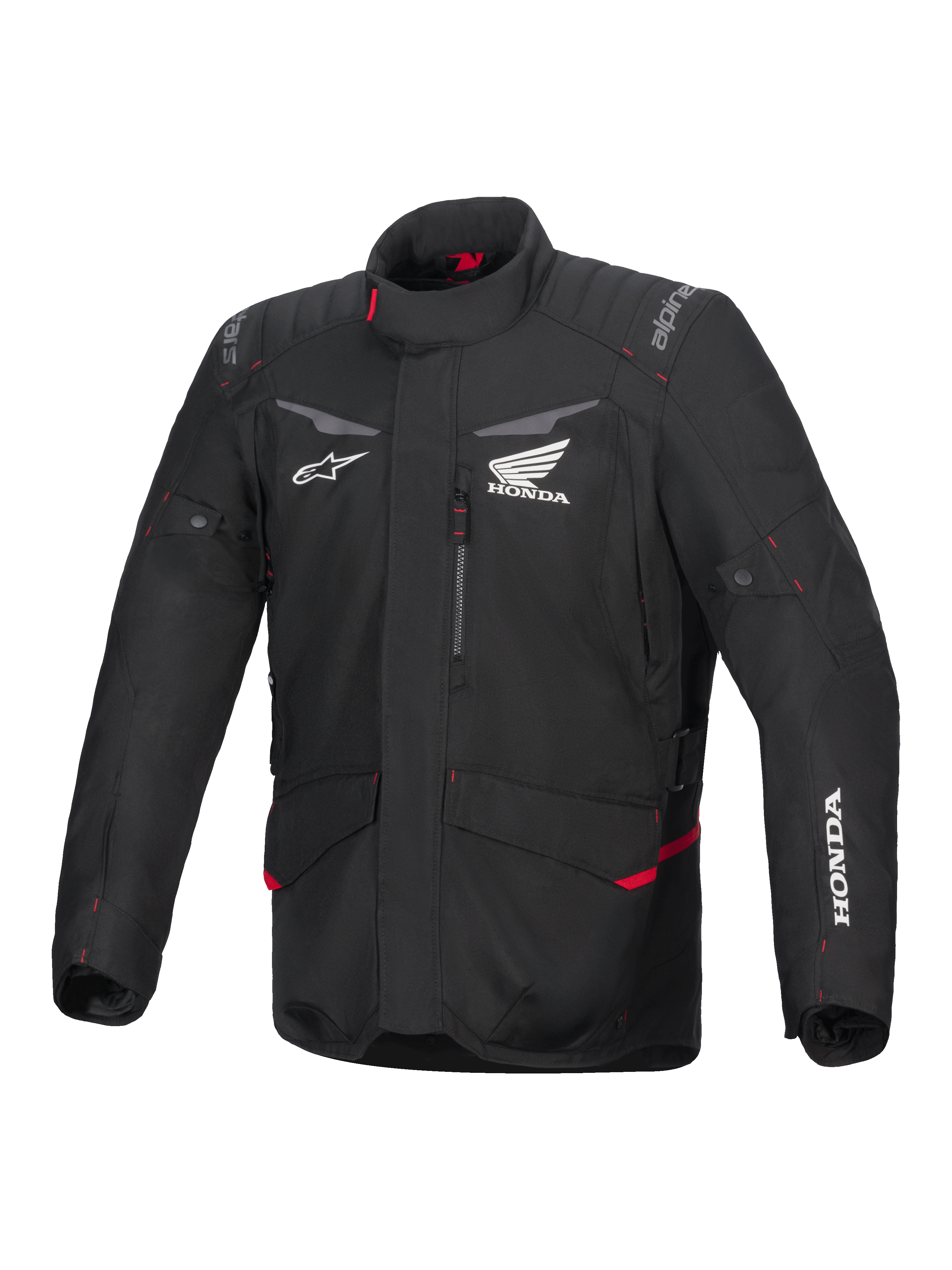 Alpinestars Honda ST-1 Waterproof Jacket, Motorcycle Touring Jacket, Black with Red Accents, Honda and Alpinestars Logos, High Collar, Padded Shoulders and Elbows, Zipper Closure, Front Pockets
