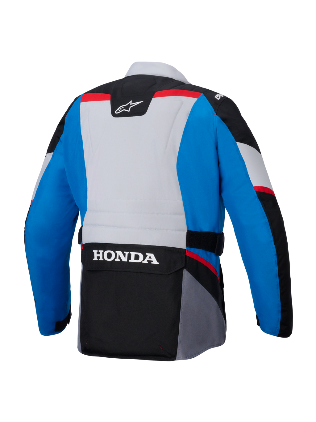 Chaqueta impermeable Alpinestars Honda ST-1, vista trasera, azul y gris claro con paneles negros y detalles en rojo, presenta el logotipo HONDA en blanco de gran tamaño en el bolsillo de carga de la parte inferior de la espalda, chaqueta textil de estilo adventure touring.