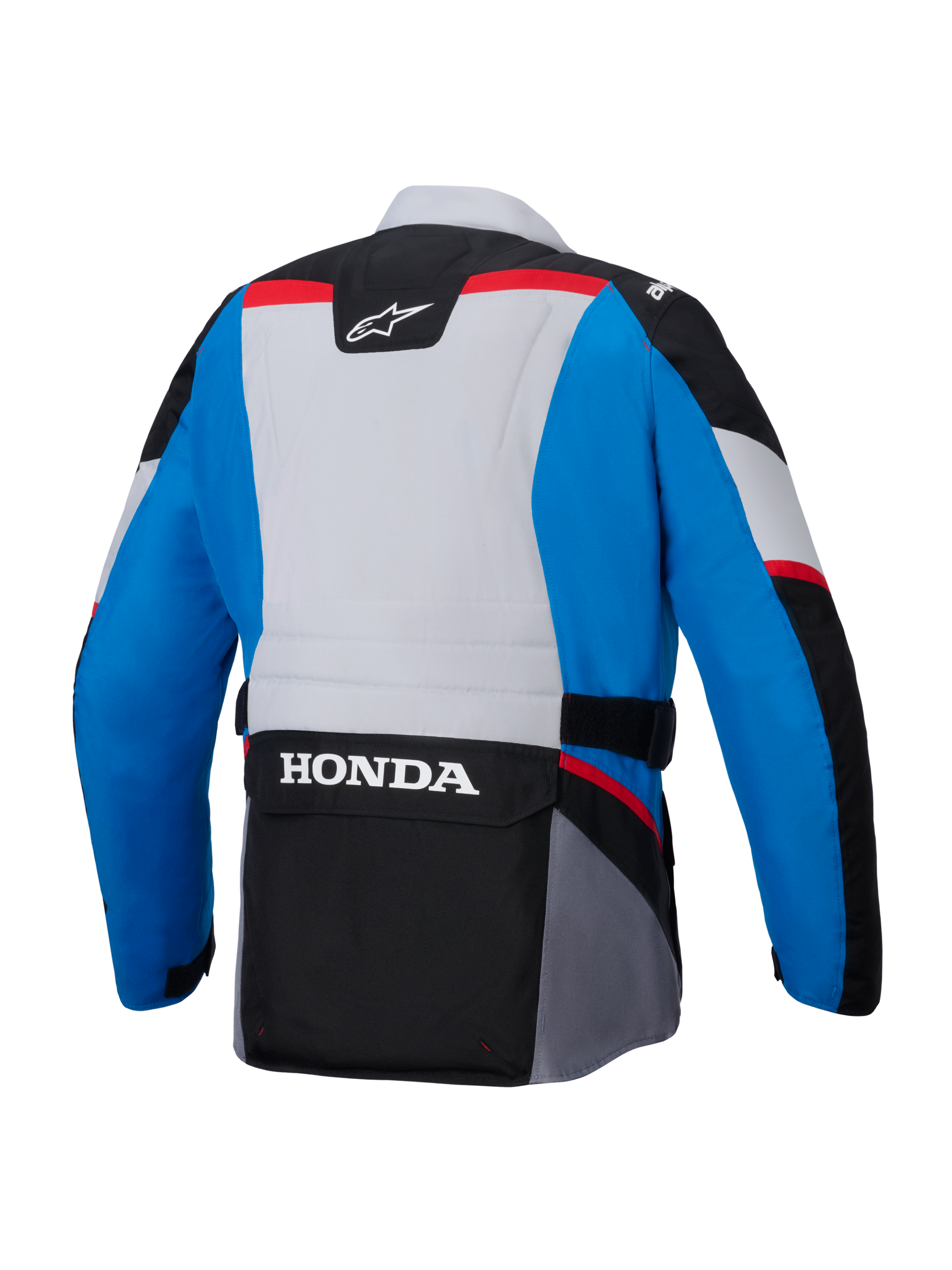 Chaqueta impermeable Alpinestars Honda ST-1, vista trasera, azul y gris claro con paneles negros y detalles en rojo, presenta el logotipo HONDA en blanco de gran tamaño en el bolsillo de carga de la parte inferior de la espalda, chaqueta textil de estilo adventure touring.