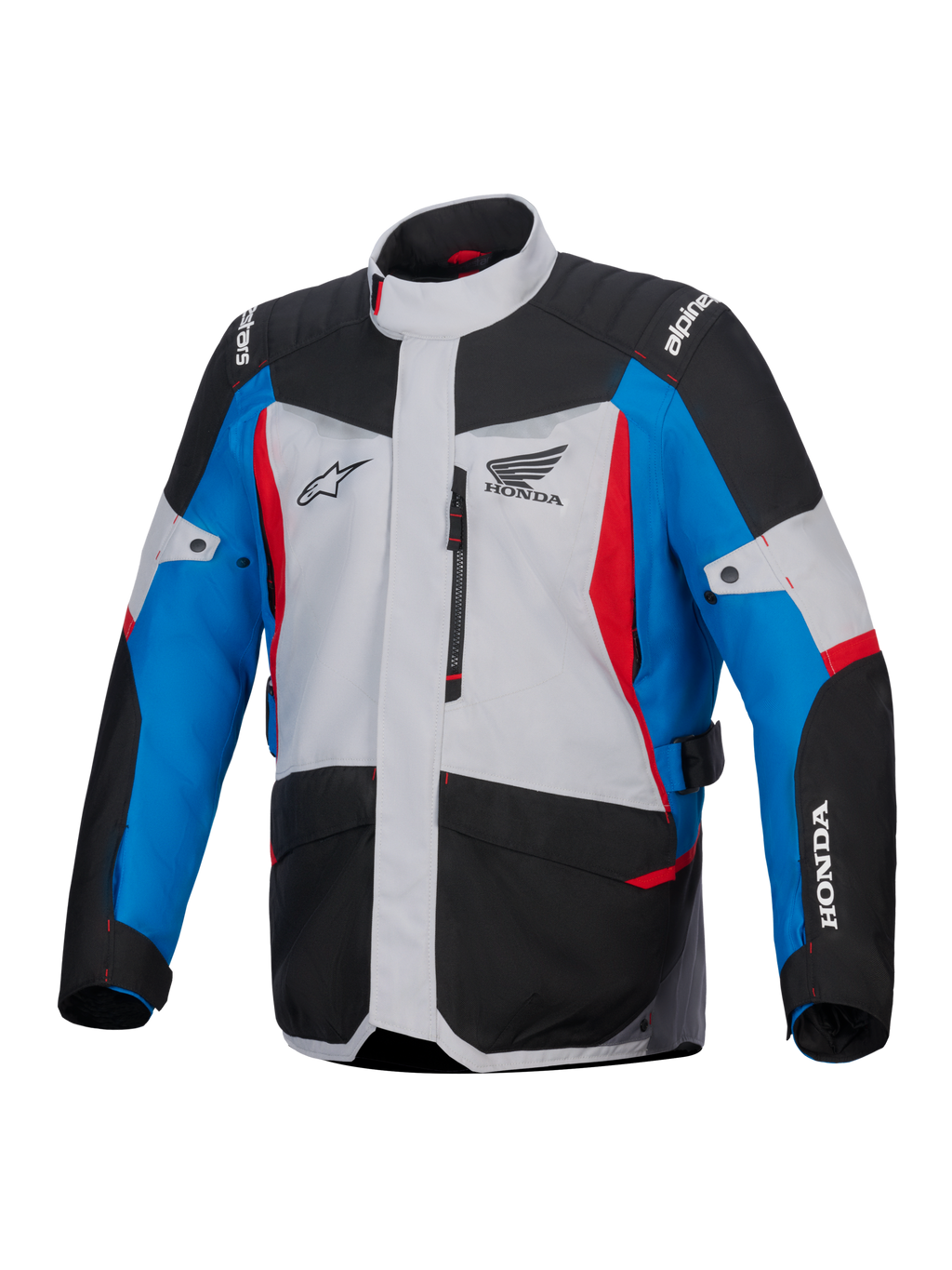 Alpinestars Honda ST-1 Waterproof Jacket, chaqueta de moto touring, gris hielo, negro y azul con detalles rojos, con logotipos de Honda y Alpinestars, vista frontal con bolsillo en el pecho con cremallera y bolsillos de carga, diseño adventure touring resistente a la intemperie