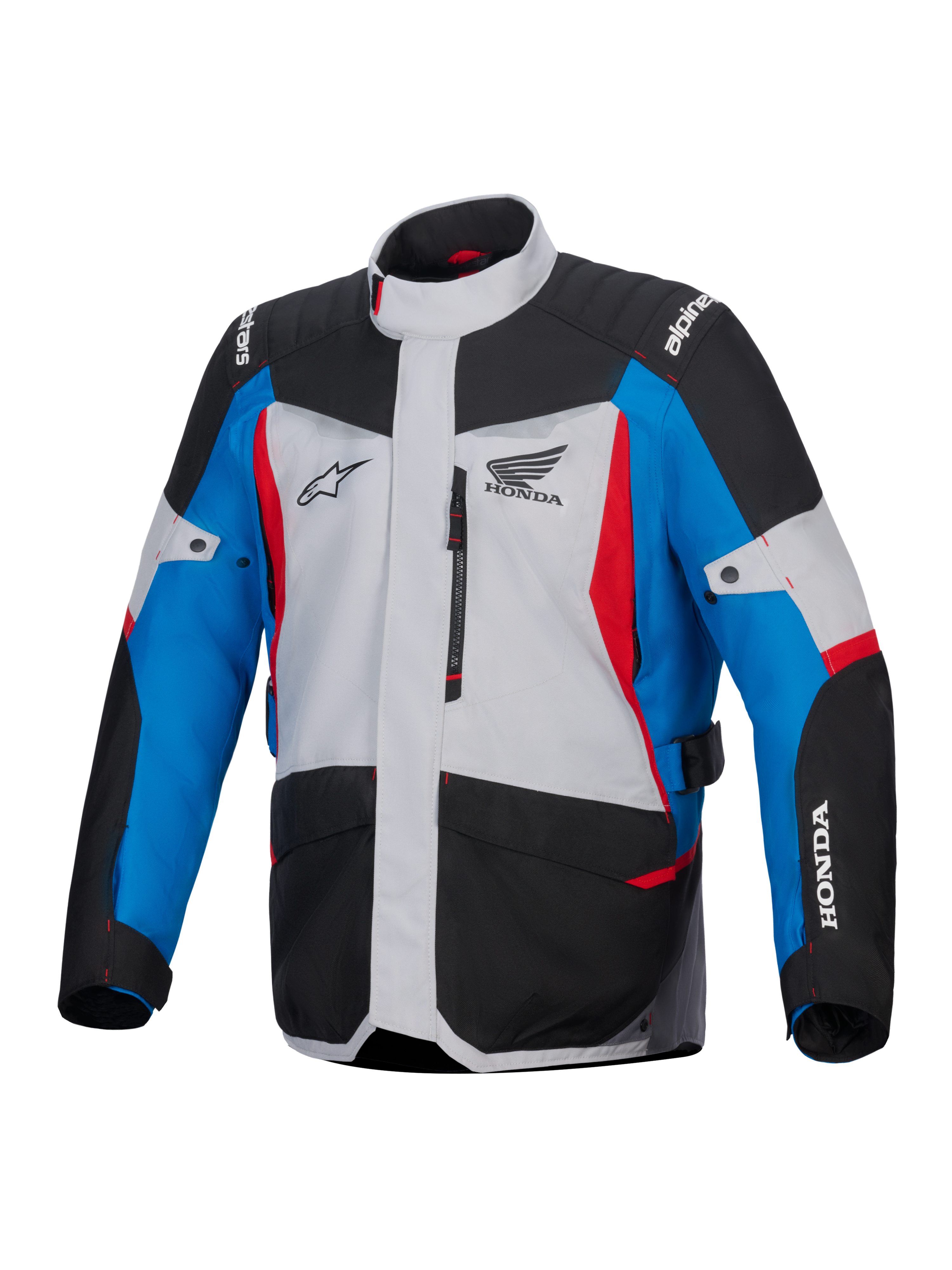 Alpinestars Honda ST-1 Waterproof Jacket, chaqueta de moto touring, gris hielo, negro y azul con detalles rojos, con logotipos de Honda y Alpinestars, vista frontal con bolsillo en el pecho con cremallera y bolsillos de carga, diseño adventure touring resistente a la intemperie