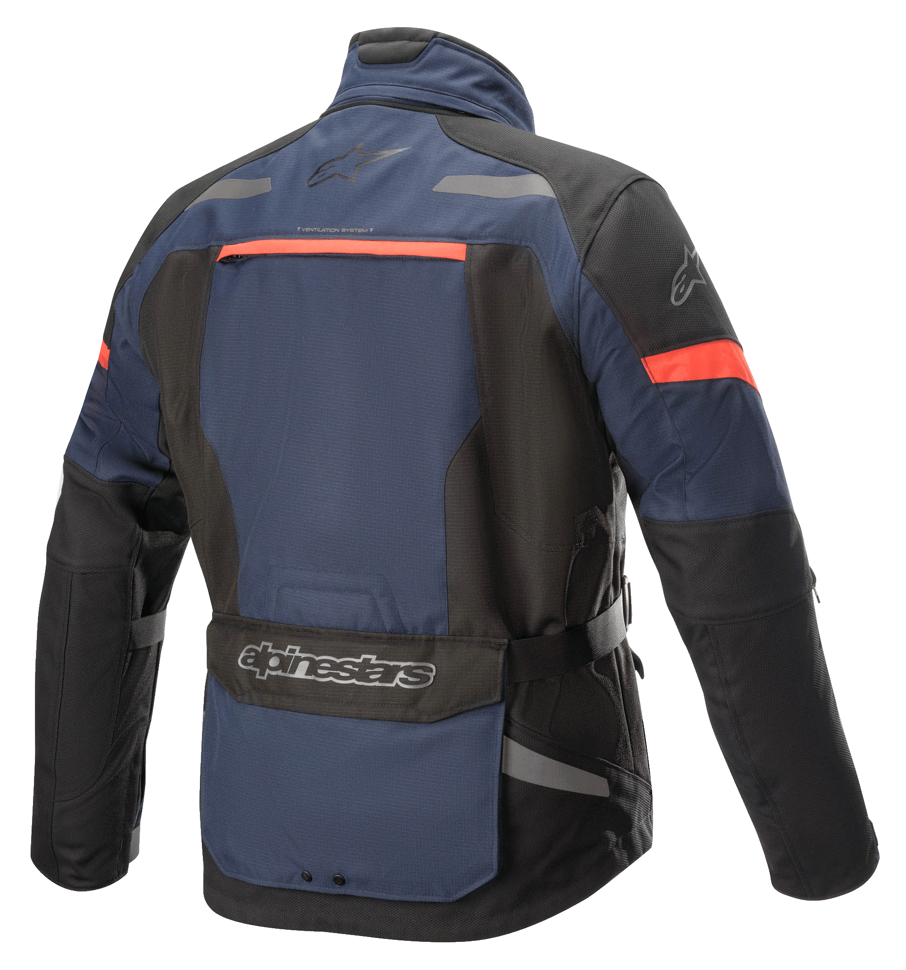 Alpinestars Valparaiso V3 Drystar® Jacket, Adventure Touring Motorcycle Jacket, Dark Blue and Black with red-orange accents, back view featuring a large utility pocket, reflective detailing, and ventilation openings.