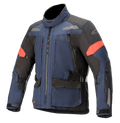 Alpinestars Valparaiso V3 Drystar Jacket, Motorcycle Touring Jacket, Dark Blue and Black with red accents, featuring reflective strips, multiple zippered cargo pockets, adjustable waist and sleeve straps, durable textile construction for adventure touring