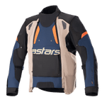 Alpinestars Halo Drystar® Jacket, Adventure Motorcycle Touring Jacket, Dark Blue, Dark Khaki, and Flame Orange, featuring an asymmetric front with a wide vent panel, bold 'astars' branding on the chest, high collar, and rugged textile construction for all-weather protection.