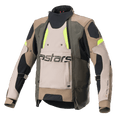 Alpinestars Halo Drystar® Jacket, Motorcycle Adventure Touring Jacket, Dark Khaki and Sand with Yellow Fluo accents, featuring a large front ventilation panel with astars branding, high collar, and rugged textile construction for all-season riding