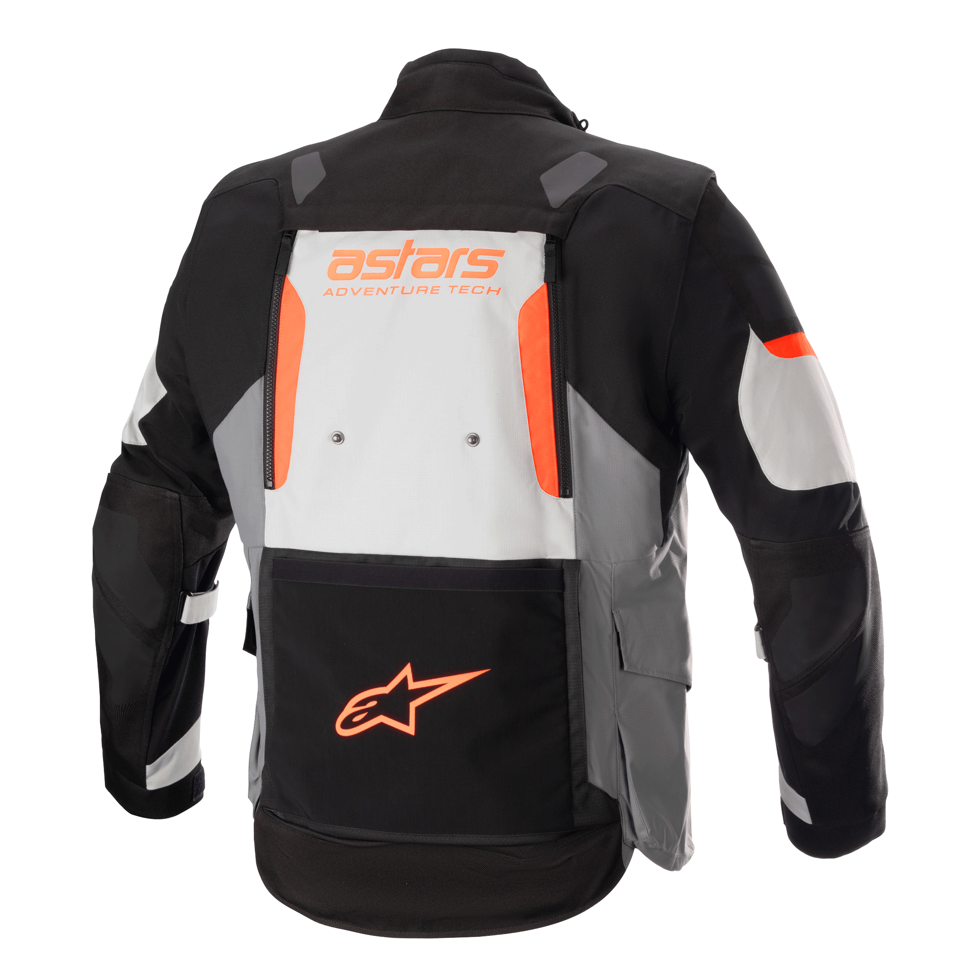Alpinestars Halo Drystar® Jacket, Adventure Touring Jacket, Dark Gray Ice Gray and Black with orange accents, rear view showing a large back vent panel with 'astars ADVENTURE TECH' branding and orange star logo on the lower pocket, technical multi-season motorcycle gear