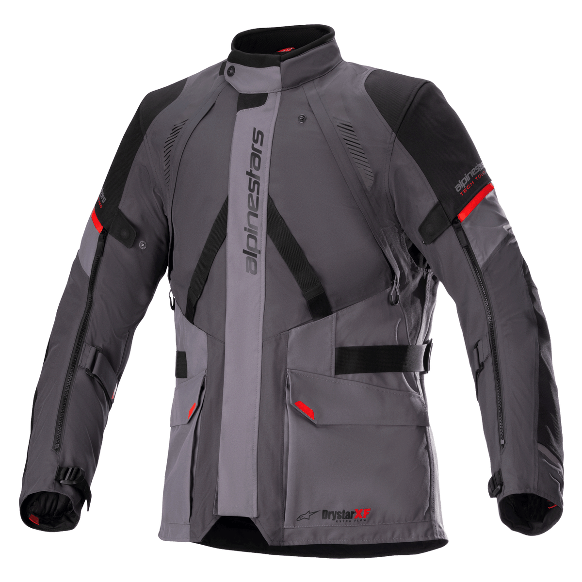 Alpinestars Monteira Drystar XF Jacket, Motorcycle Touring Jacket, Dark Gray and Tar Gray with Black panels and Bright Red accents, featuring front cargo pockets, adjustable waist and arm straps, vertical Alpinestars branding, and a high collar, designed for adventure riding