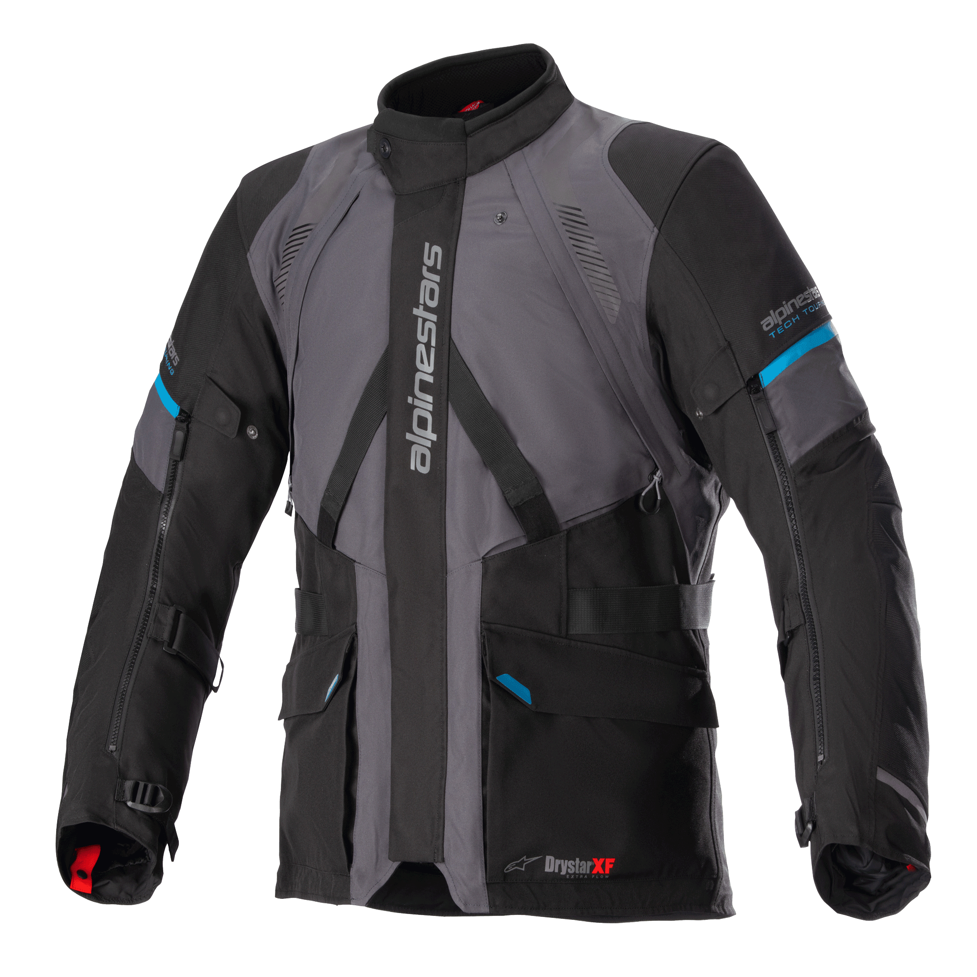 Chaqueta Alpinestars Monteira Drystar XF, chaqueta de moto para aventura y touring, gris y negra con detalles en azul Methyl, con múltiples bolsillos frontales, correas de cintura ajustables y marca Alpinestars vertical en el pecho, construcción textil impermeable y duradera