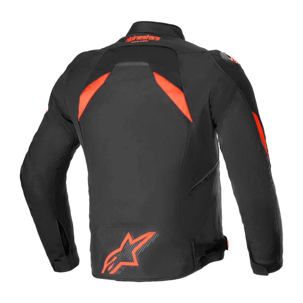 Alpinestars T-GP R V3 Drystar® Jacket, Waterproof Sport Textile Motorcycle Jacket, Black and Red Fluo, rear view featuring a large fluorescent logo on the lower back and high-visibility shoulder panels, technical race-derived design