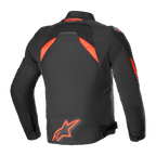 Alpinestars T-GP R V3 Drystar® Jacket, Waterproof Sport Textile Motorcycle Jacket, Black and Red Fluo, rear view featuring a large fluorescent logo on the lower back and high-visibility shoulder panels, technical race-derived design