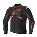 Alpinestars T-GP R V3 Drystar Jacket, Sport Textile Motorcycle Jacket, Black and Red Fluo, featuring grey shoulder panels, large star logo on chest, DFS shoulder sliders, and waterproof Drystar construction