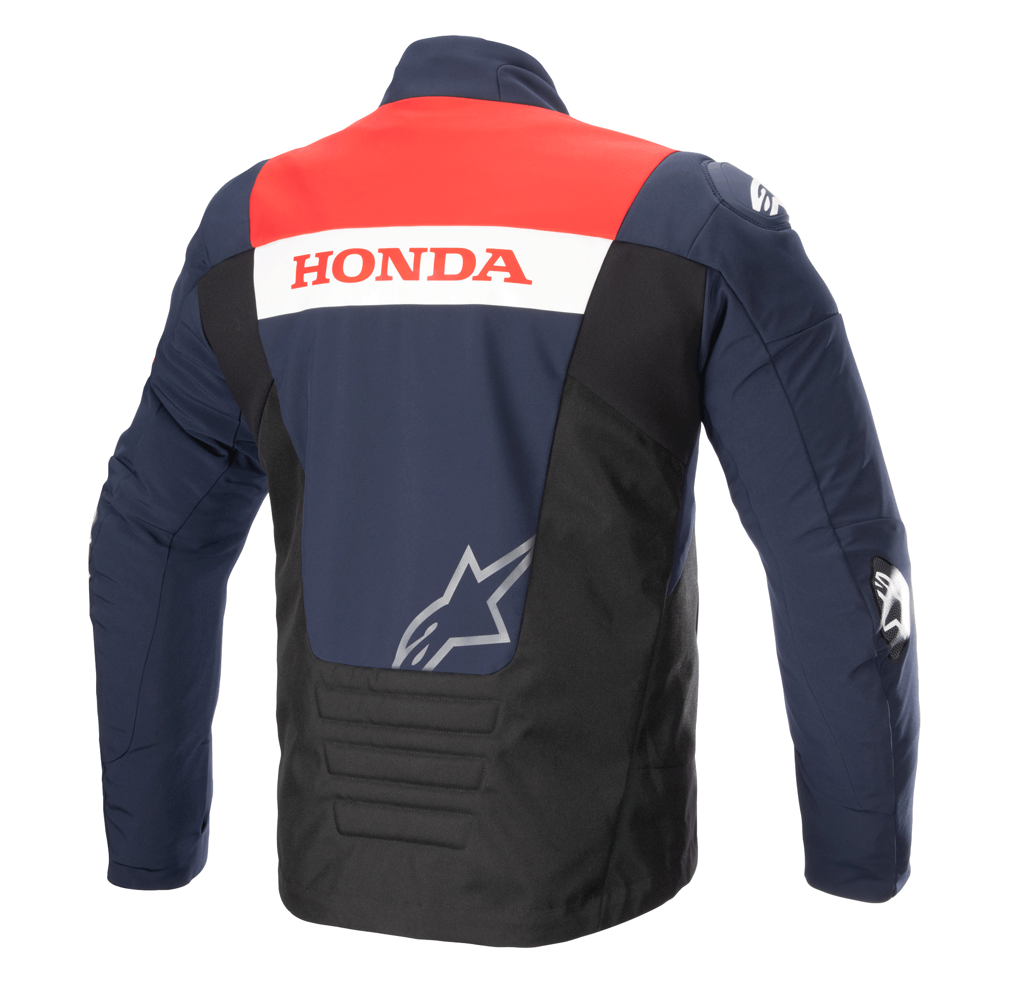 Vista posterior de la chaqueta Alpinestars Honda SMX Waterproof Softshell, combinación de colores azul noche, negro y rojo brillante, con la marca 'HONDA' sobre una franja blanca y un logotipo plateado de Alpinestars, diseñada para la conducción de motocicletas en carretera