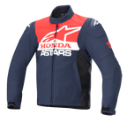 Alpinestars Honda SMX Waterproof Softshell Jacket, chaqueta de moto, azul marino, negro y rojo brillante, con logotipos de Alpinestars y Honda en blanco en el pecho, cuello alto, cremallera frontal y material textil elegante y resistente al agua