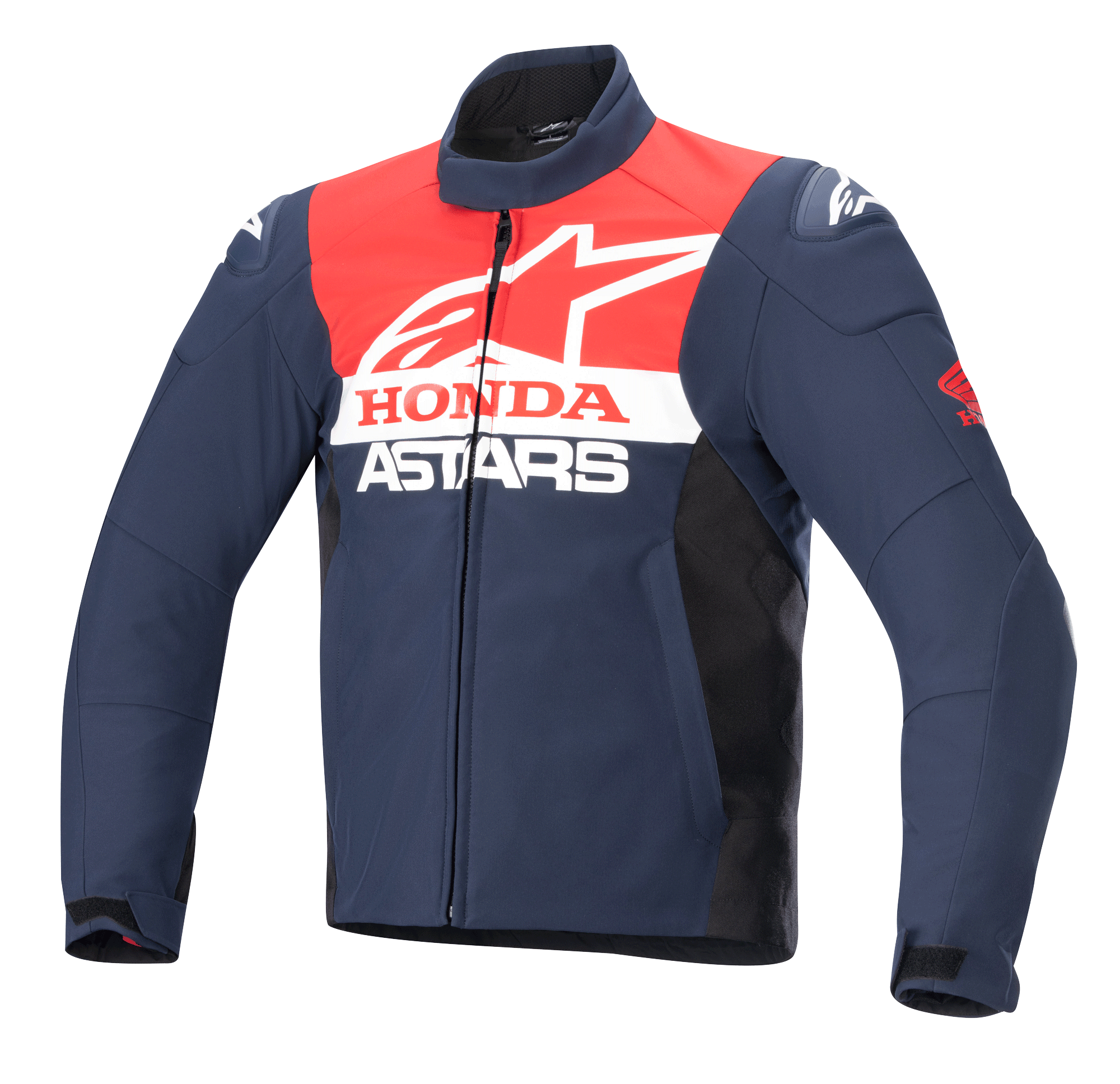 Alpinestars Honda SMX Waterproof Softshell Jacket, chaqueta de moto, azul marino, negro y rojo brillante, con logotipos de Alpinestars y Honda en blanco en el pecho, cuello alto, cremallera frontal y material textil elegante y resistente al agua