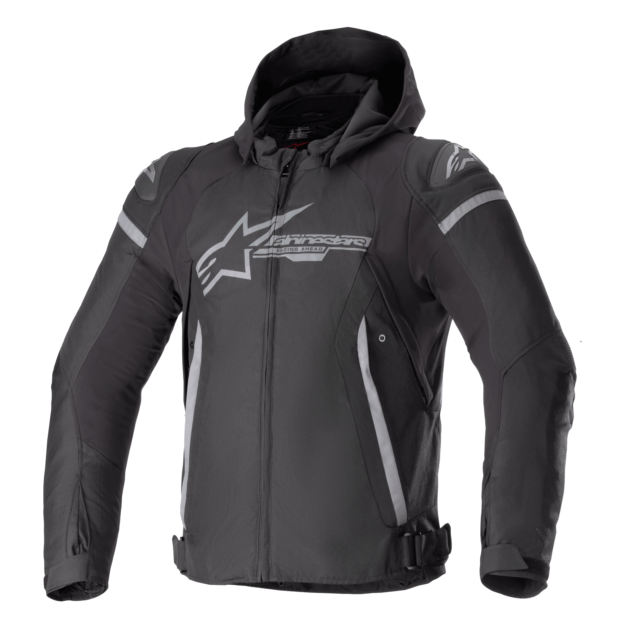 Alpinestars Zaca Waterproof Jacket, chaqueta deportiva para moto, negro y gris oscuro, con capucha desmontable, logotipo grande gris en el pecho, detalles en gris claro en los hombros y laterales, correas de ajuste en la cintura y cierre frontal de cremallera, confección textil deportiva