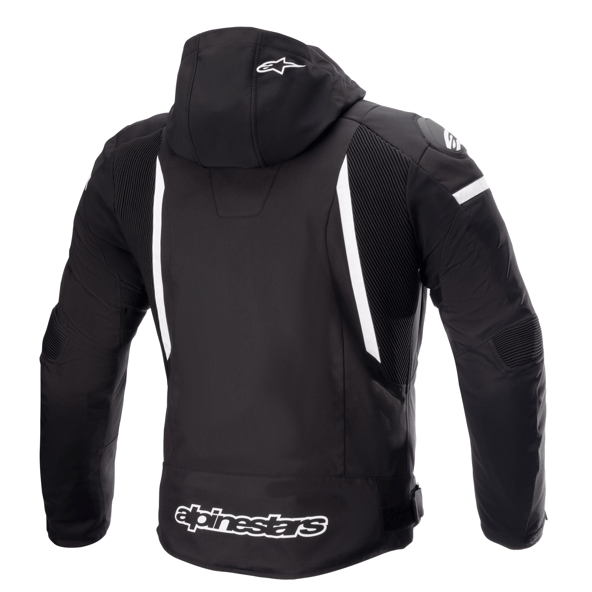 Alpinestars Zaca Waterproof Jacket, chaqueta de moto, negro y blanco, vista trasera que muestra la capucha desmontable con el logo de la estrella blanca, franjas blancas verticales en la espalda, marca Alpinestars en el dobladillo inferior y paneles elásticos acanalados para la movilidad.
