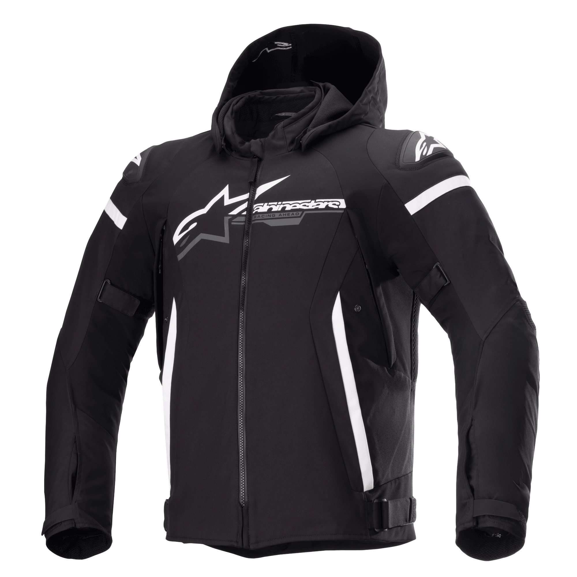 Alpinestars Zaca Waterproof Jacket, chaqueta de moto negra con capucha desmontable, gran logotipo blanco de Alpinestars en el pecho, rayas blancas en la parte superior de los brazos y detalles laterales verticales, cremallera frontal, acolchado reforzado en los hombros, correas ajustables en la cintura y los brazos, construcción en tejido softshell