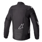 Chaqueta Impermeable Alpinestars SMX, negro gris oscuro, vista trasera, con el logo blanco de Alpinestars en la parte inferior de la espalda y el hombro, sección acolchada en la parte baja de la espalda, chaqueta de moto de tejido técnico y softshell